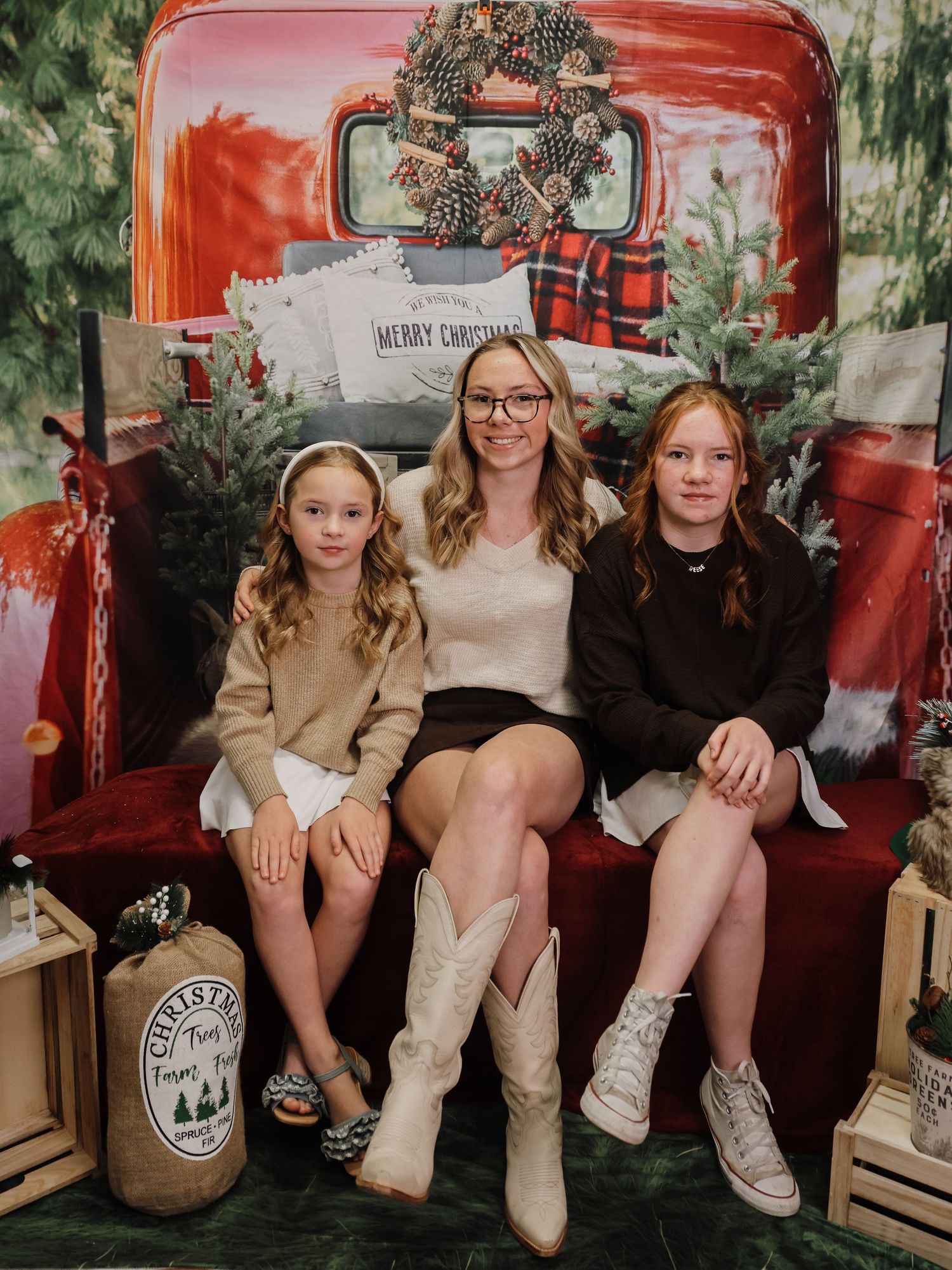 Series of Christmas themed photos with people posing on a wooden bench with wrapped gifts and holiday decor.