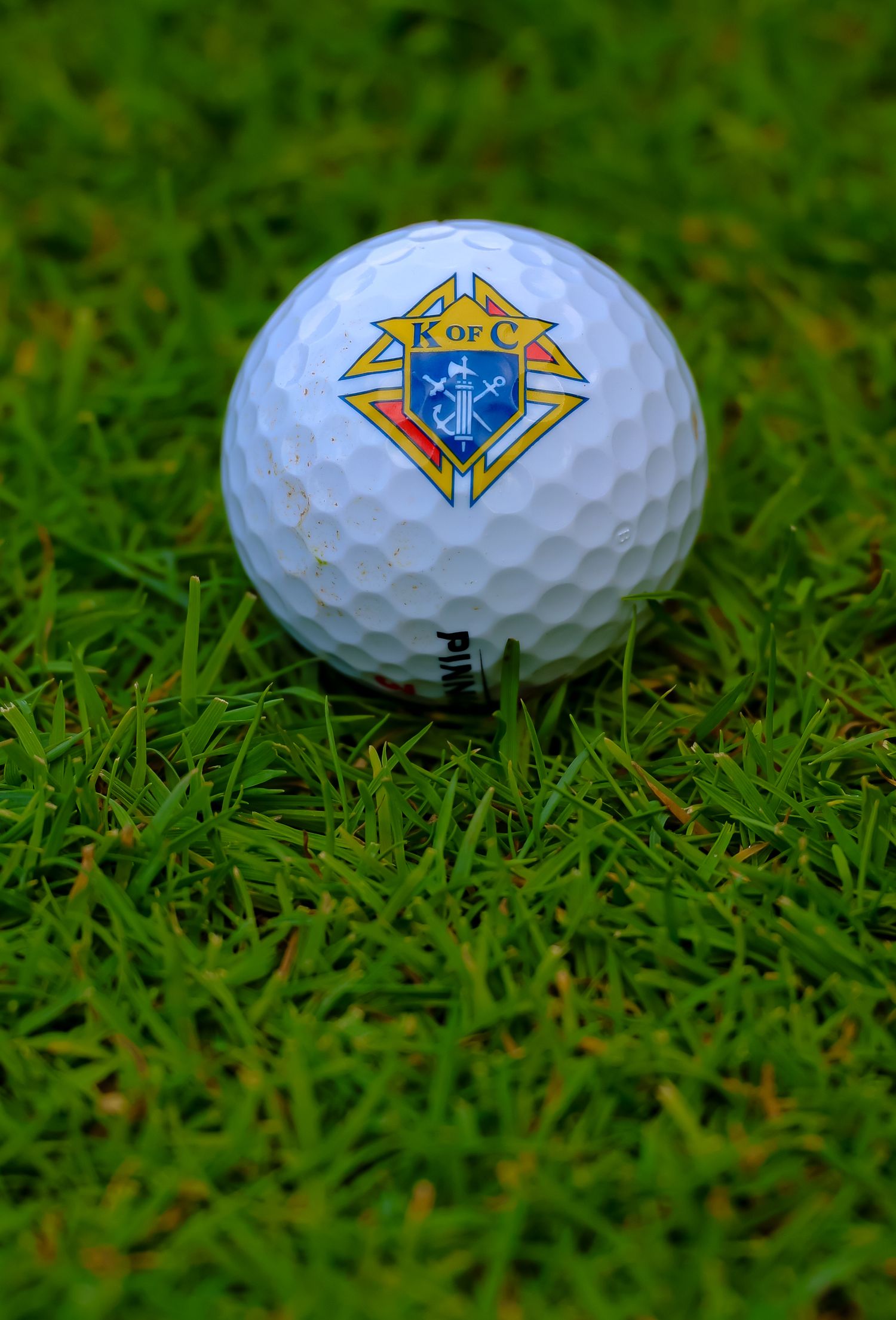 White golf ball with Knights of Columbus logo resting on green grass in multiple angles.
