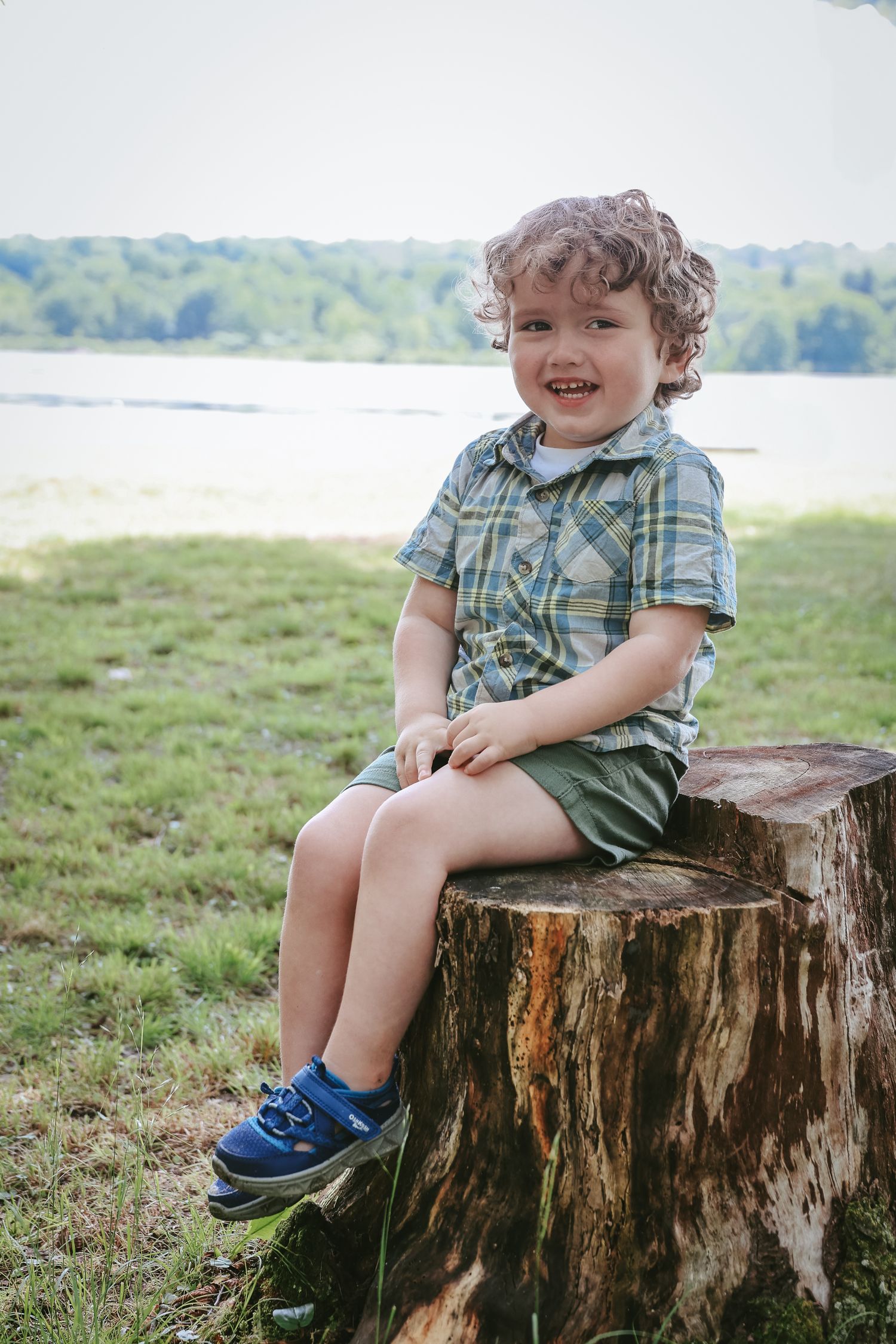 A child wearing plaid sits on a large tree stump by a lake, captured in a series of candid moments.