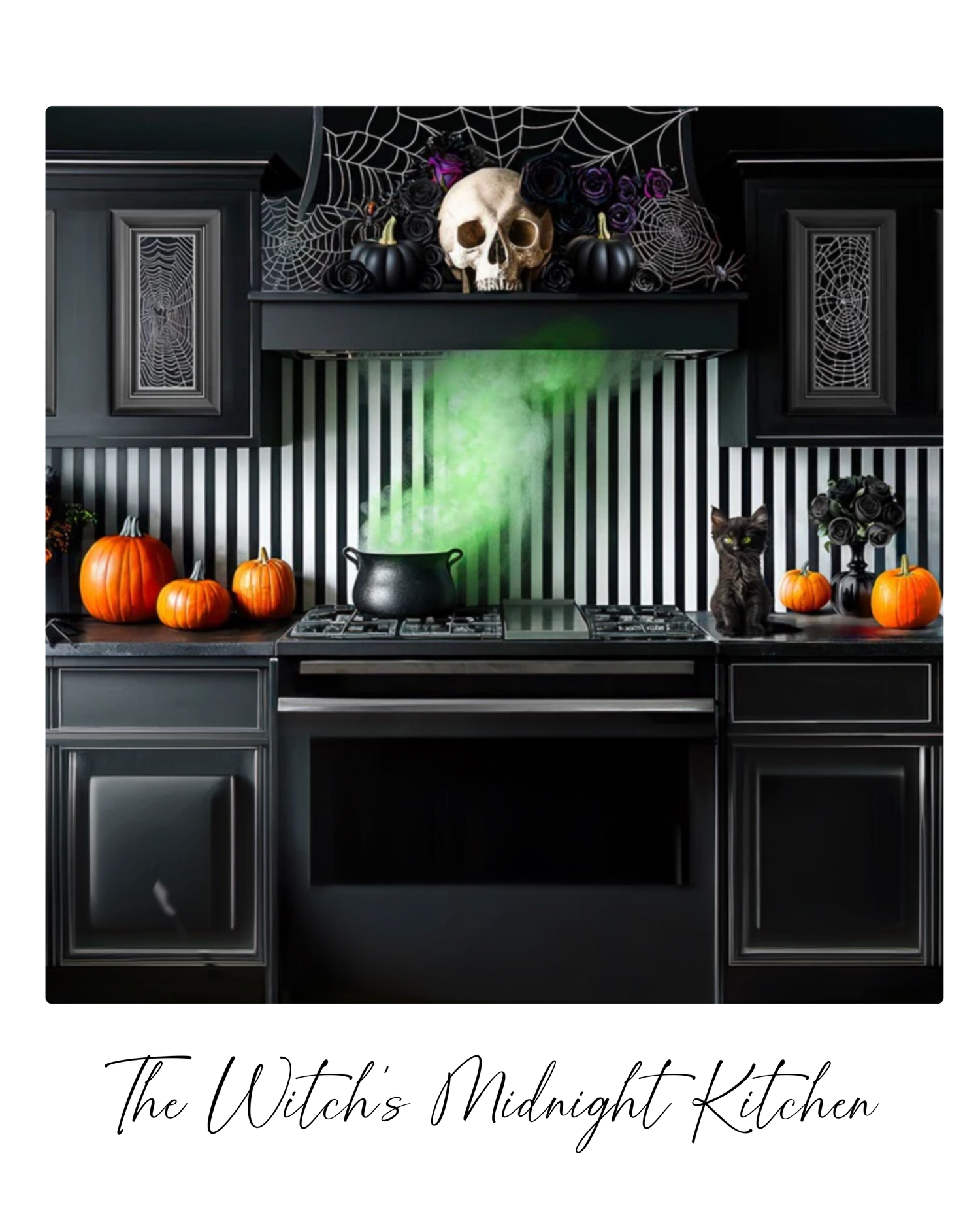Black and white Halloween mantel display with pumpkins, skull decorations, and spooky green lighting effects.