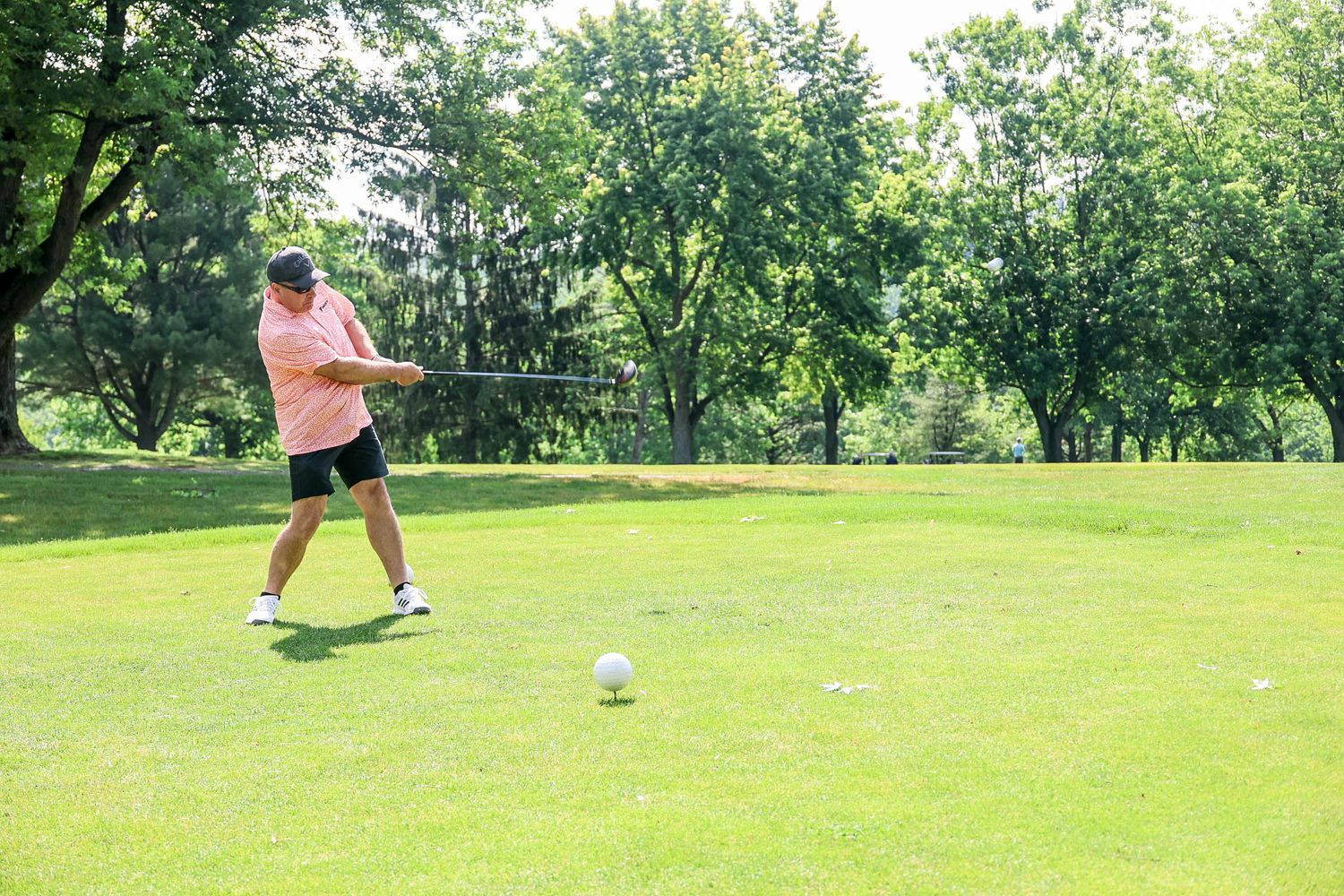 Golfer in pink shirt swinging a club on a lush green golf course surrounded by trees on a sunny day.