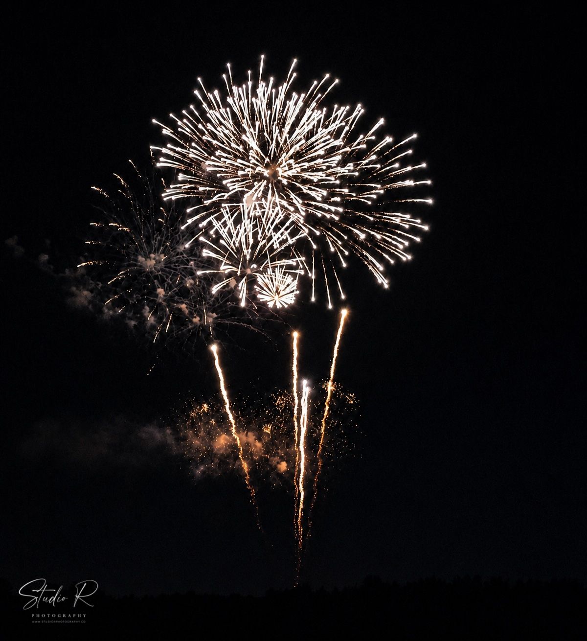 Brilliant white and gold fireworks burst against a dark night sky in a stunning multi-layered display.