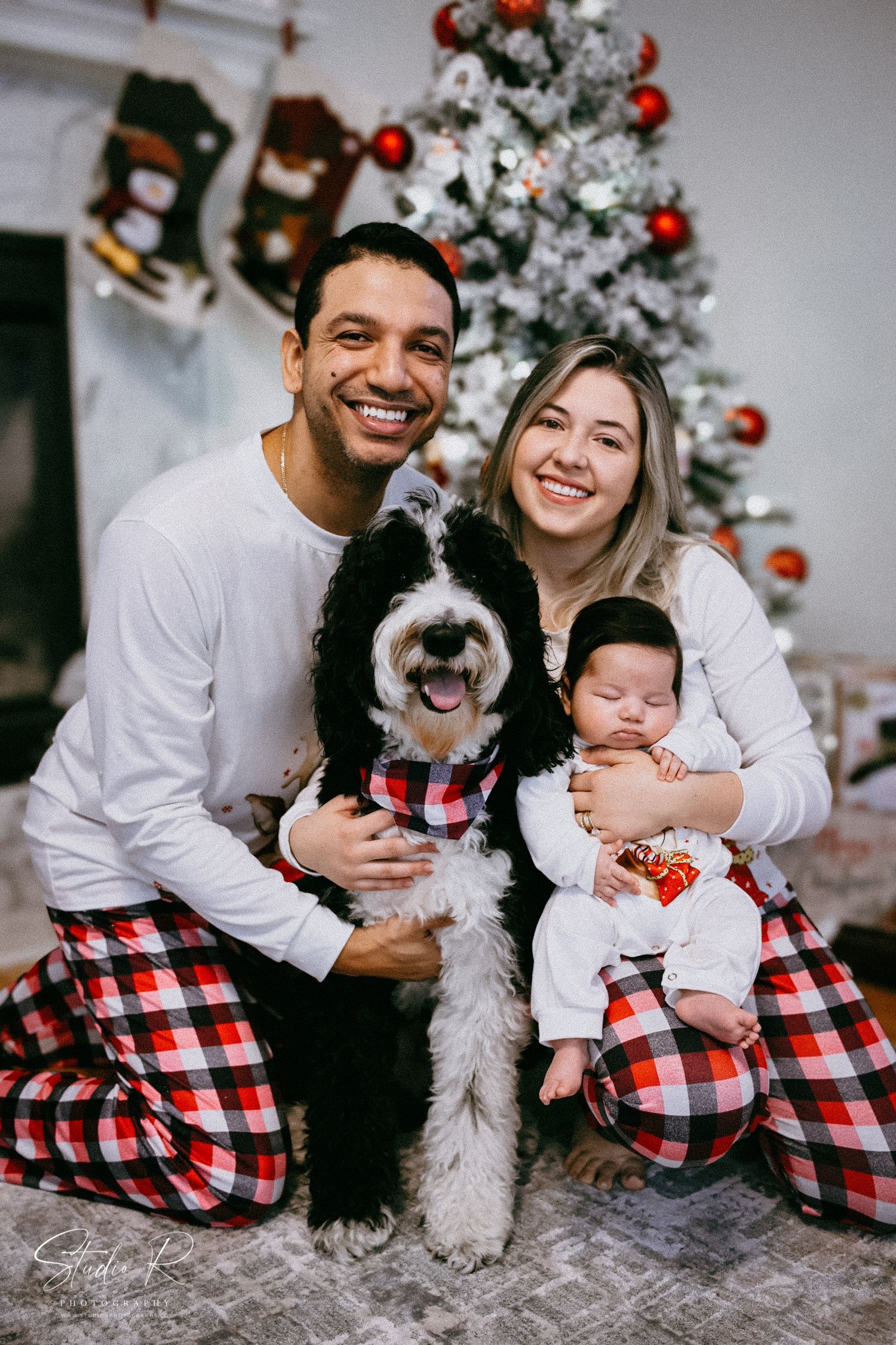A family in matching buffalo plaid Christmas pajamas poses with their fluffy white dog near a decorated tree.