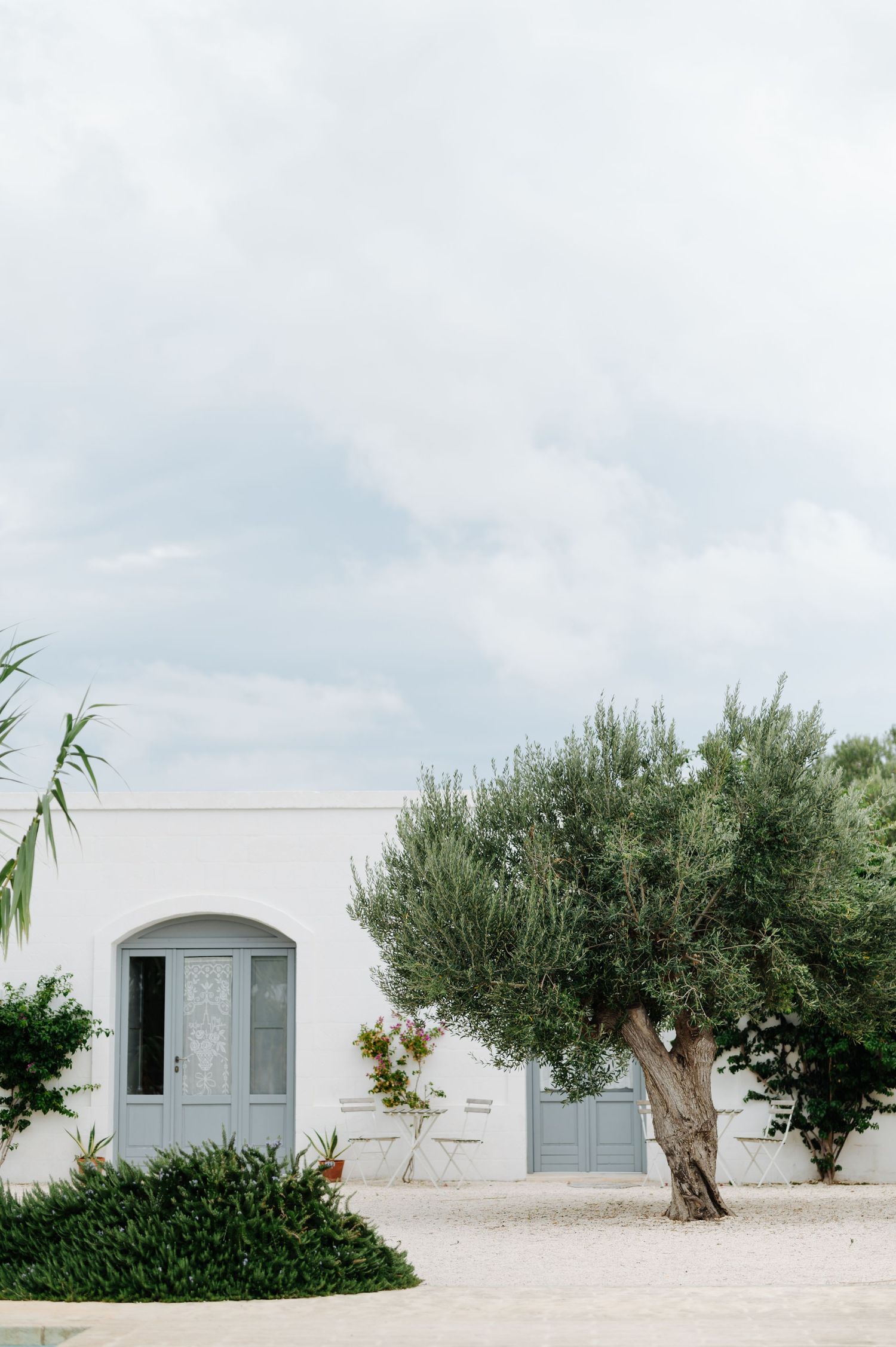 Minimalist Mediterranean architecture with white walls and olive trees against cloudy sky.