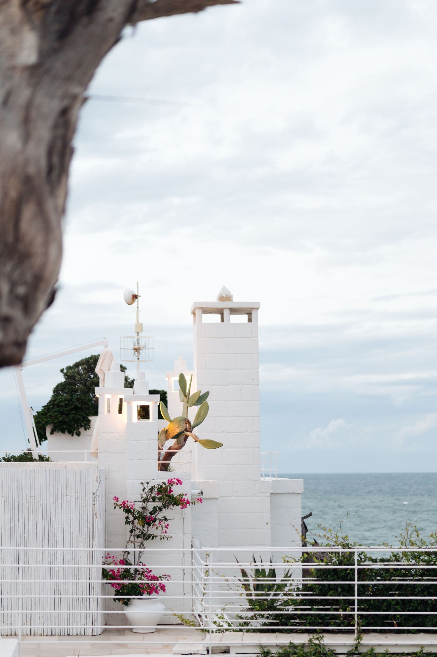 White Mediterranean architecture overlooking the ocean with flowering plants.