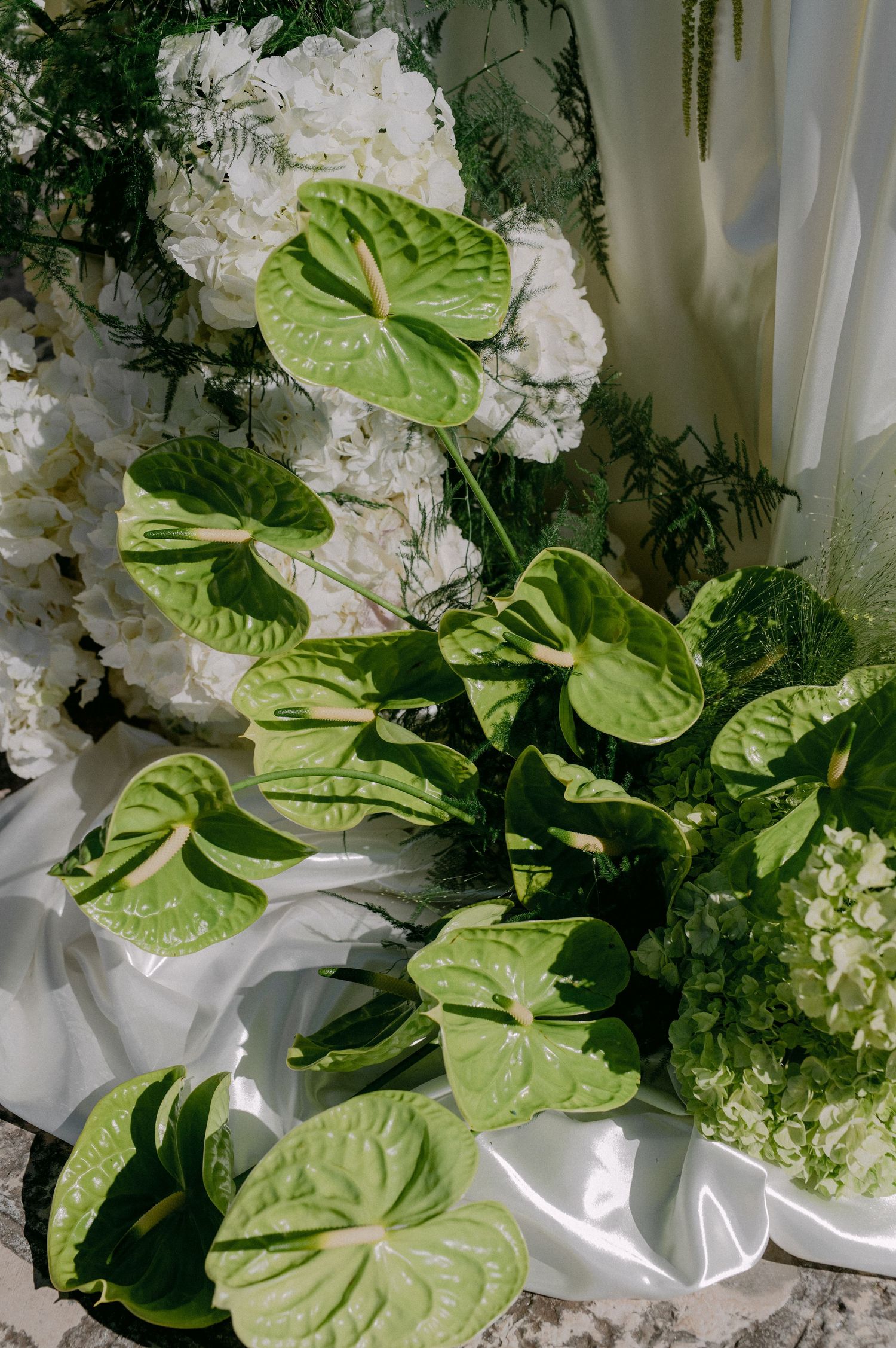 Green anthurium flowers and white hydrangeas arranged with lush foliage on white satin fabric.