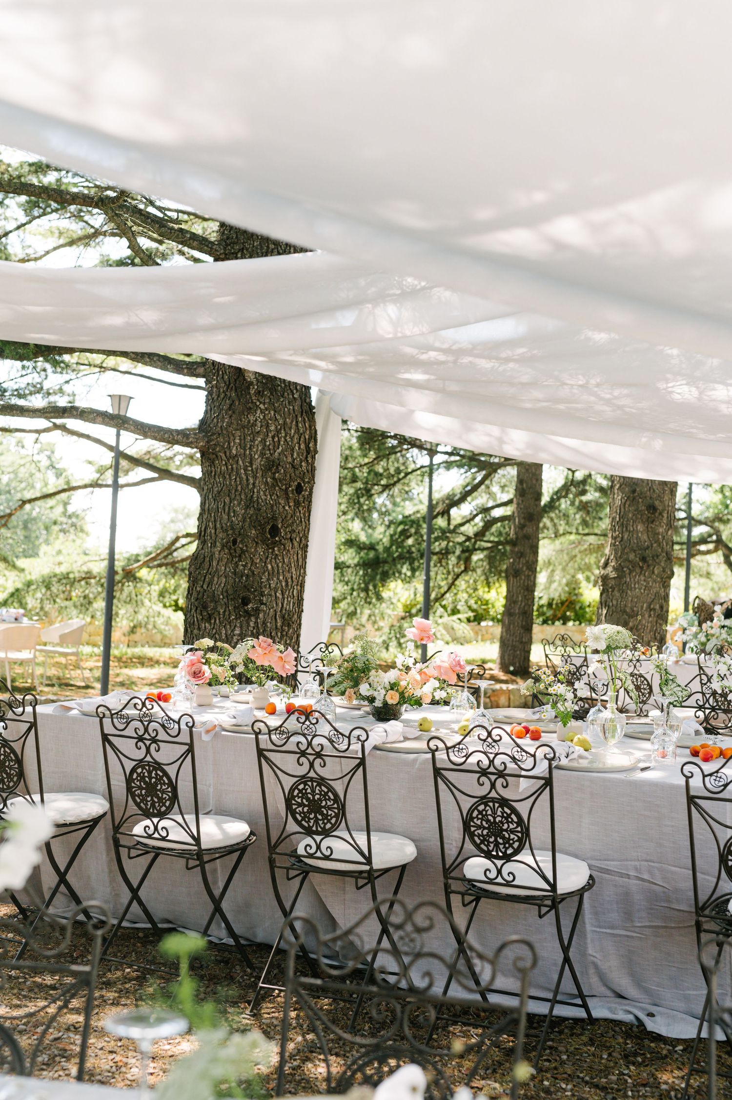 Outdoor wedding reception setup with ornate iron chairs under a white canopy.