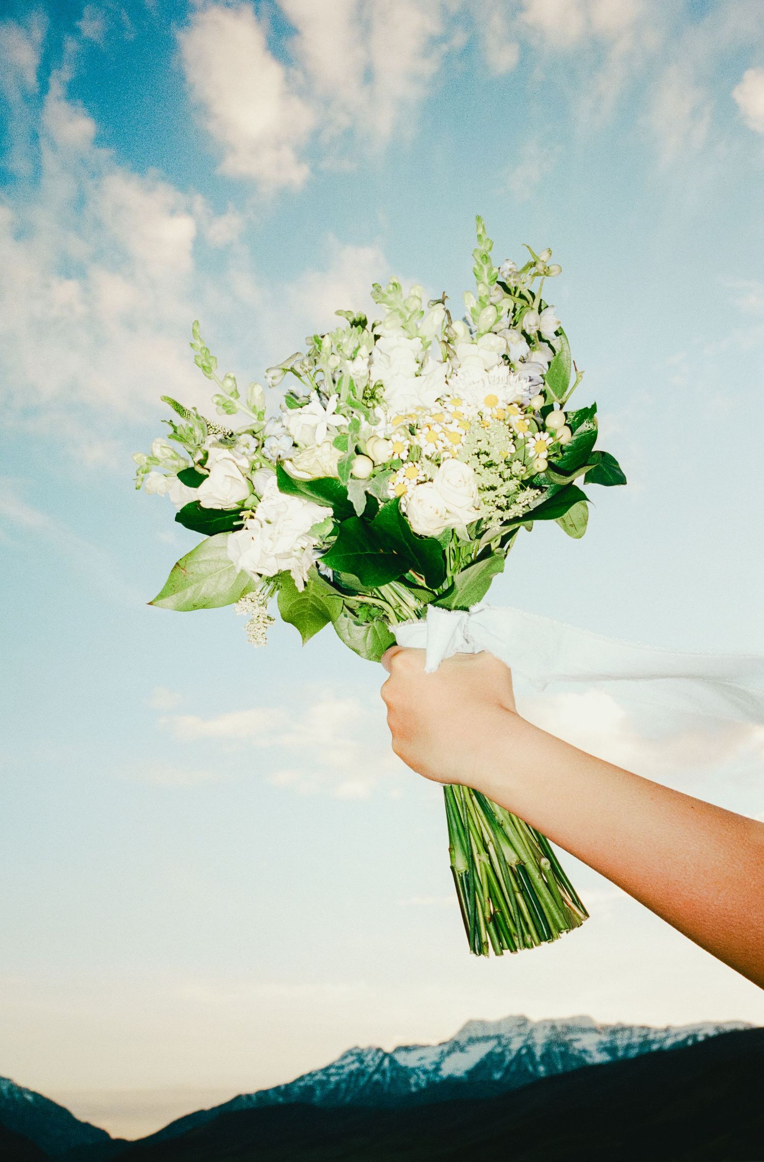 A hand holds a white and green wedding bouquet against a blue sky with mountains in the background.