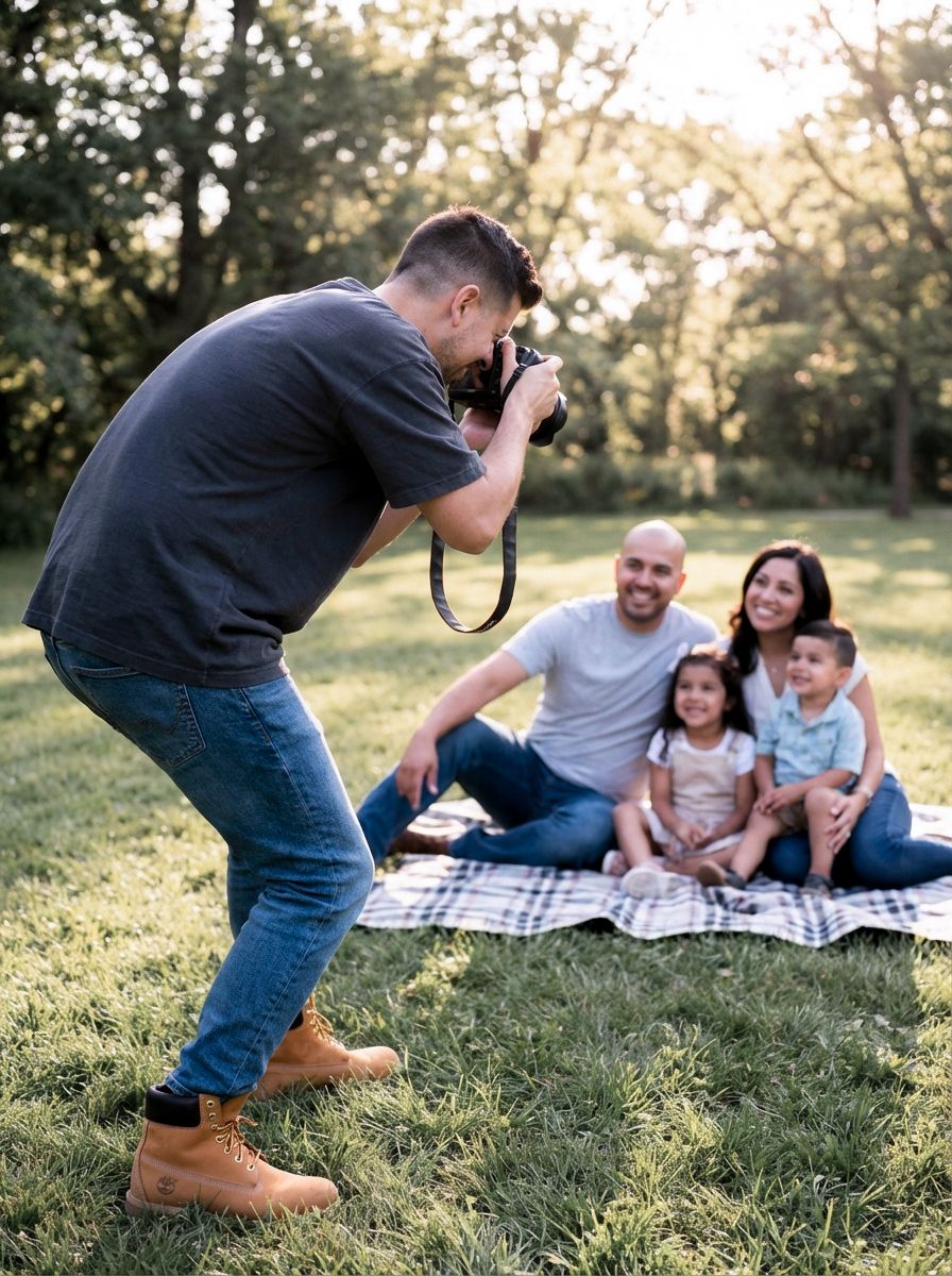 A photographer crouches down to capture candid photos of a family relaxing on a picnic blanket in a sunny park setting.