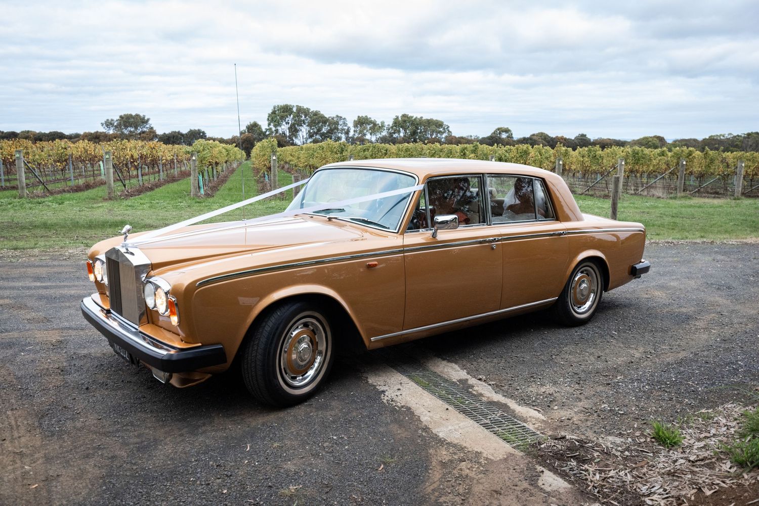 Classic gold Rolls Royce luxury car parked at vineyard wedding venue.