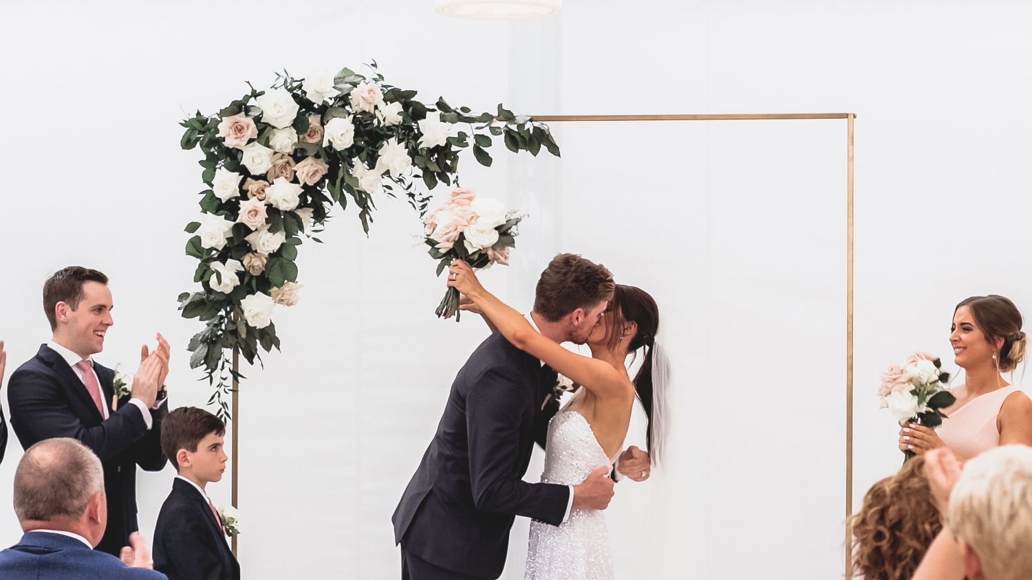 A collage of wedding ceremony moments showing couples exchanging vows and celebrating under floral decorations.