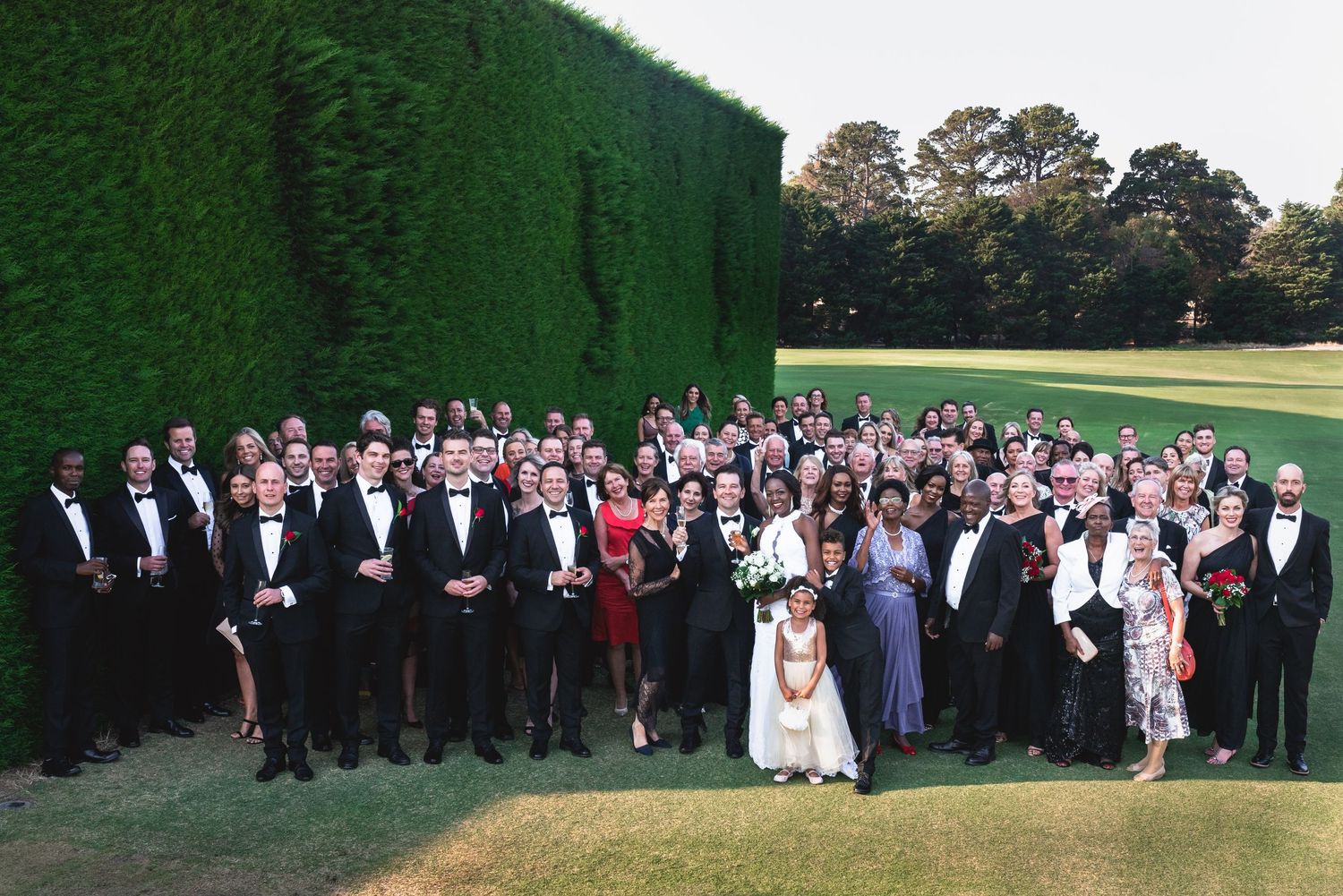 Large wedding party poses for group photos in outdoor garden setting with tall hedges and manicured lawn.