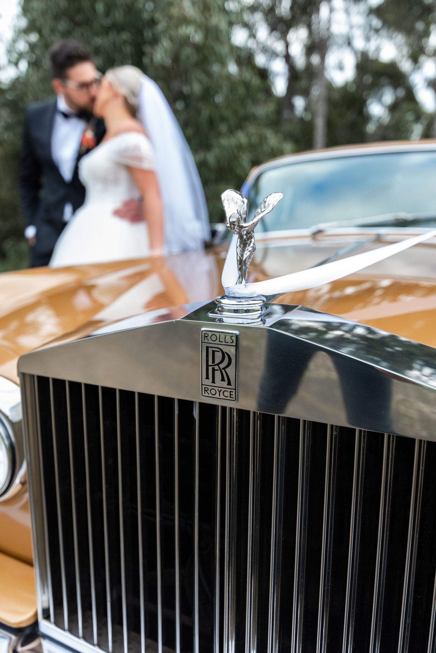 Close-up details of vintage Rolls Royce grille and hood ornament in golden finish.