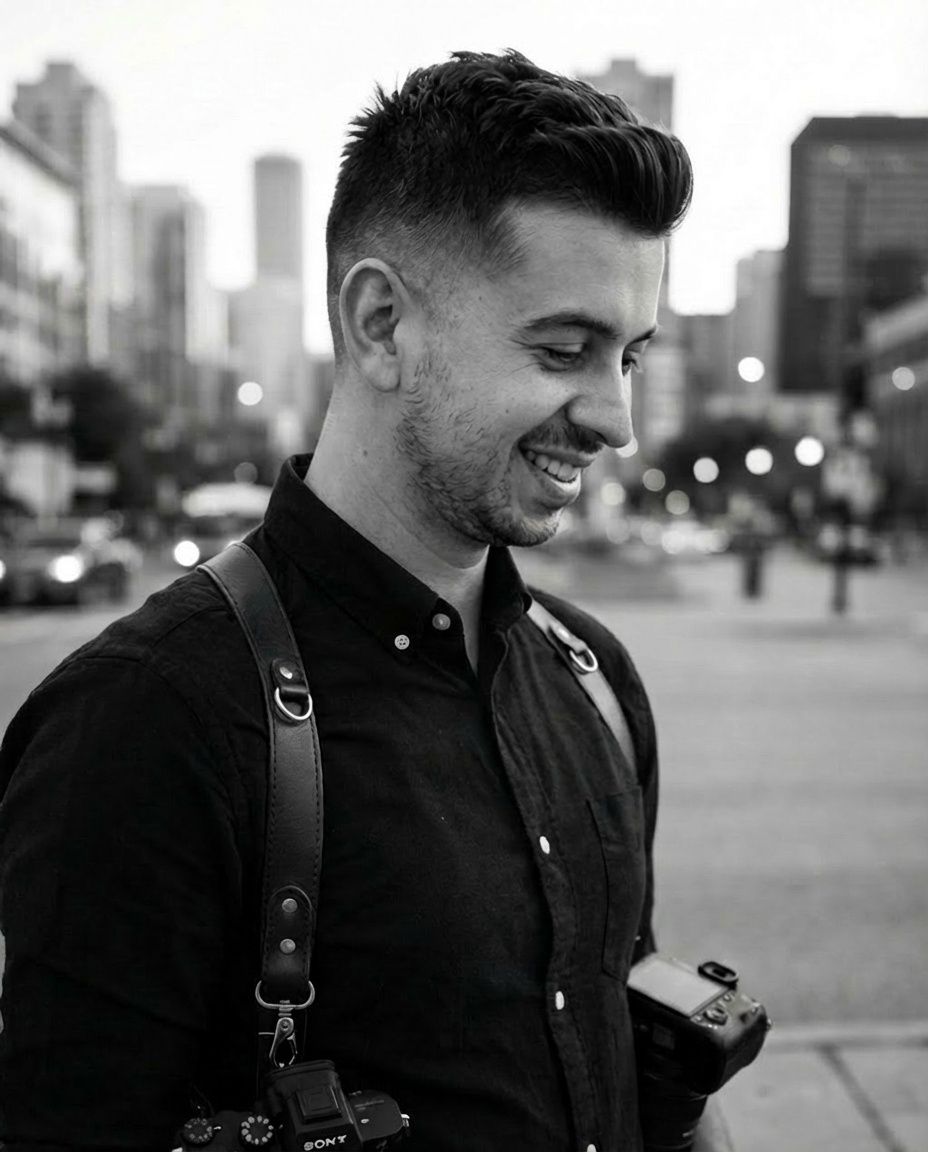 Black and white portrait of a person smiling and looking down while wearing a dark jacket in an urban setting.