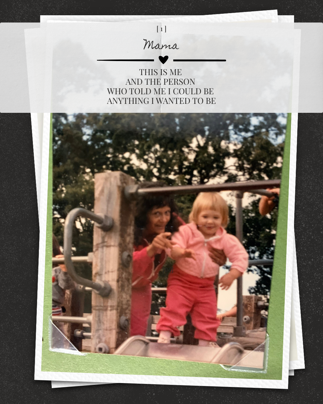 Vintage photo of a mother and young girl playing on playground equipment, with text overlay reading Mama.