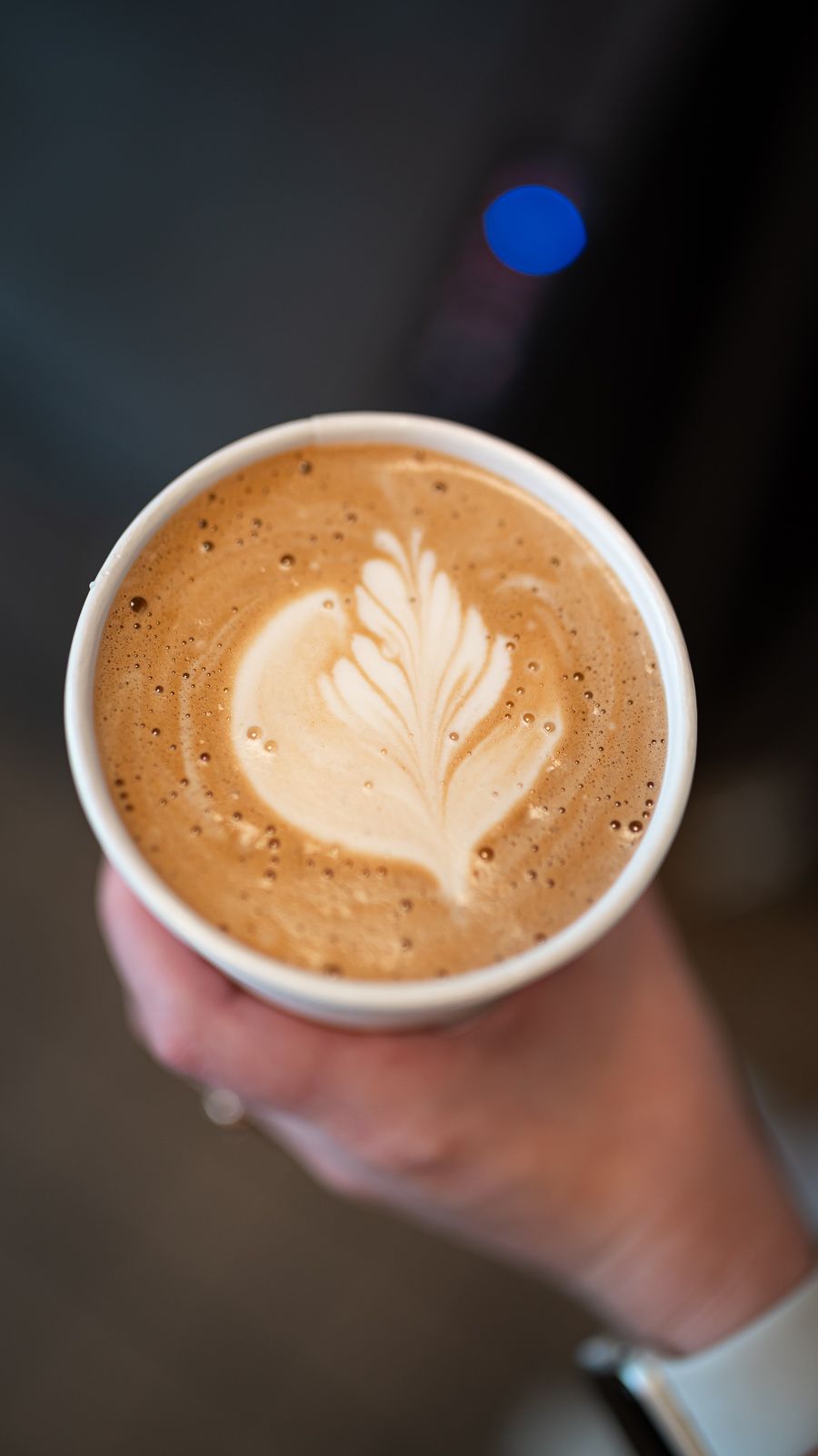 A hand holds a white ceramic cup of latte with delicate leaf-pattern foam art on top.