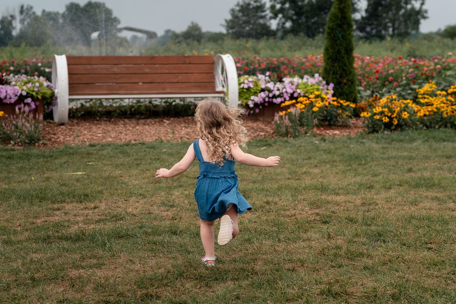 A young girl in a teal dress runs joyfully through a lush garden with colorful flowers and a wooden bench.