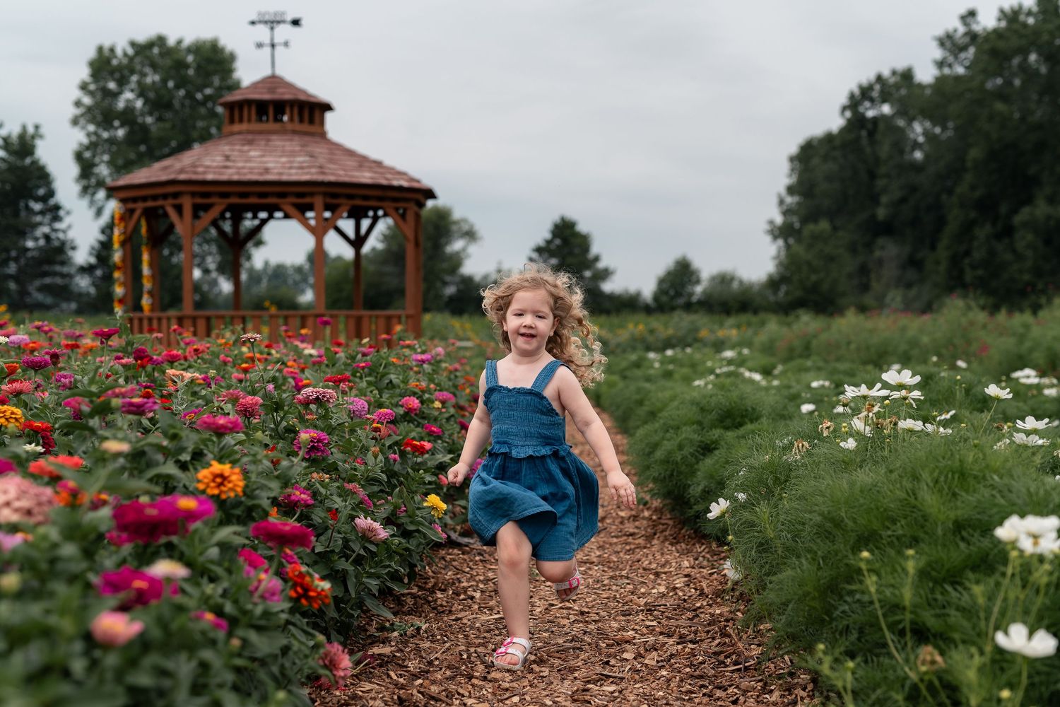 A joyful toddler girl in denim romper runs through a colorful flower garden with a wooden gazebo in the background.