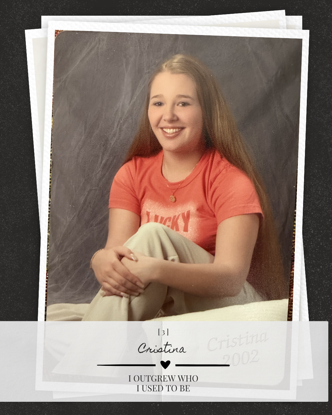 Cristina smiles in a coral Lucky t-shirt, sitting casually in a school portrait photo from 2002.
