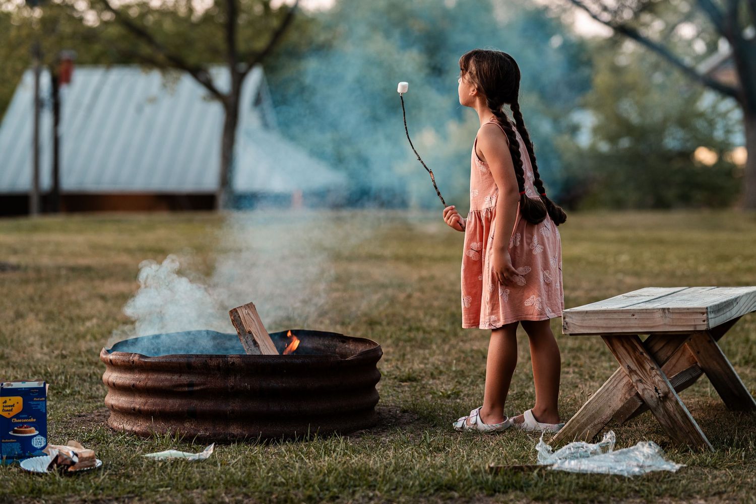 Girl in pink dress roasting marshmallow over rustic fire pit outdoors at dusk.