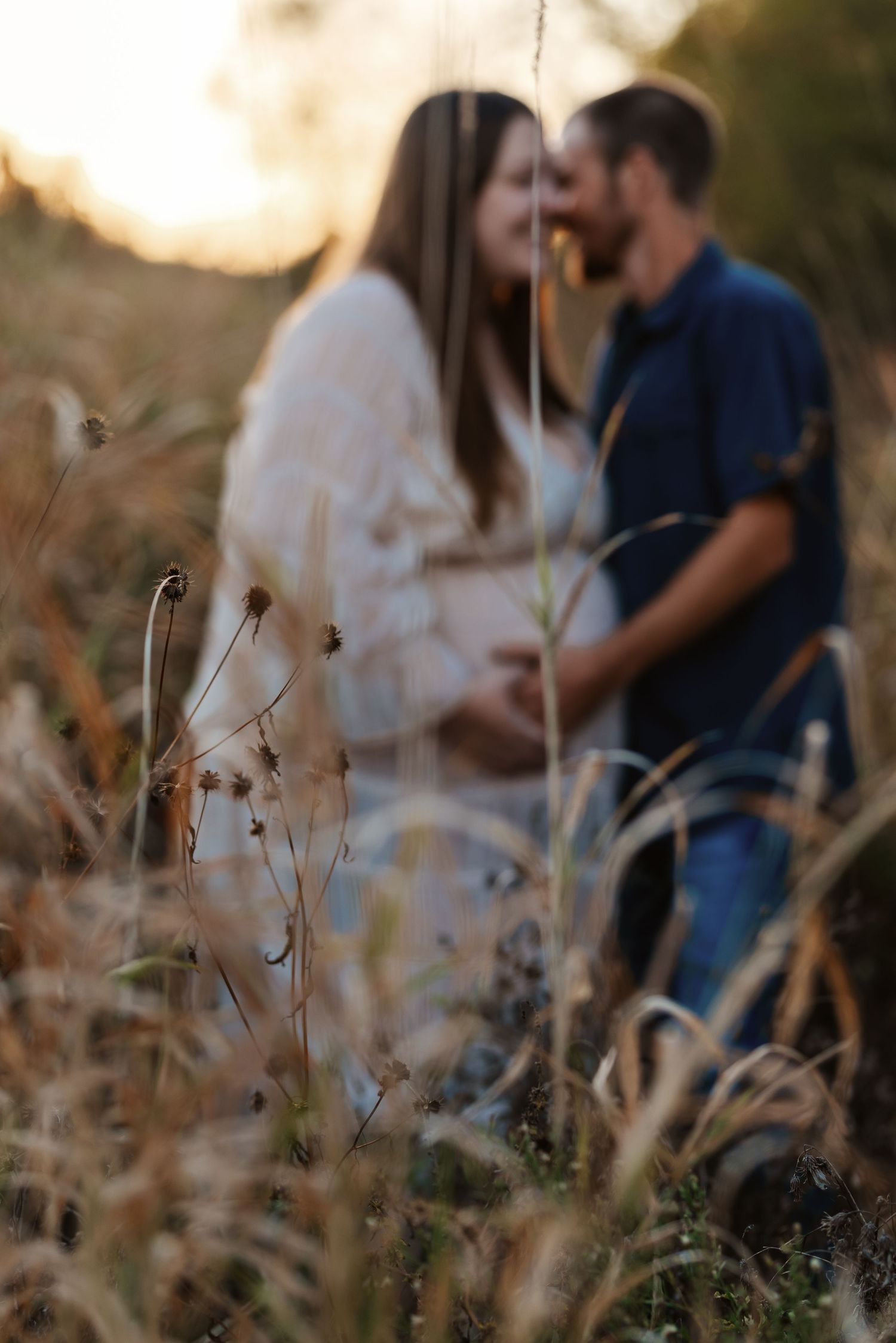 Pregnant couple sharing a tender moment in a golden field at sunset, surrounded by wild grasses and dried flowers.