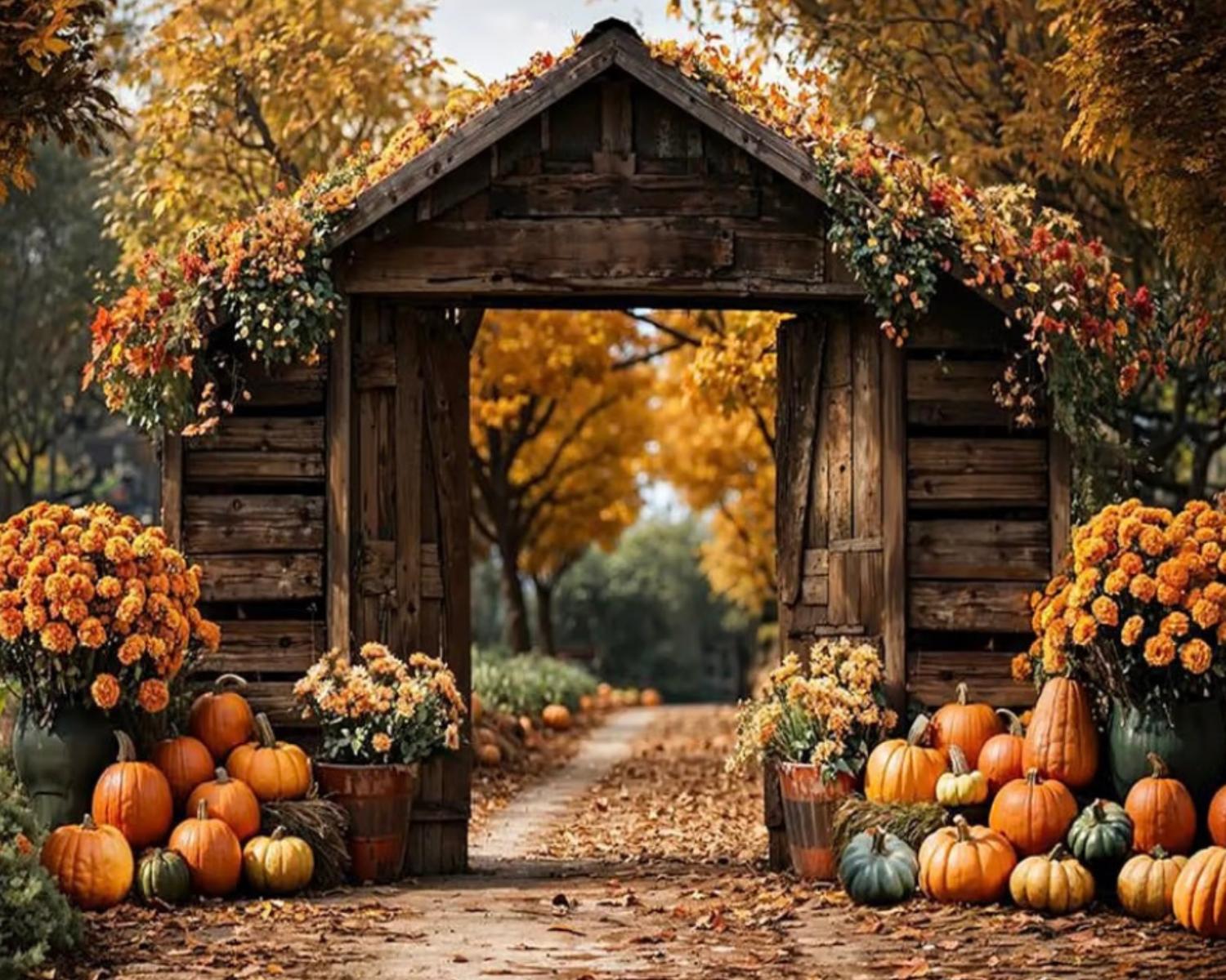 Rustic wooden barn archway framed by autumn leaves, with pumpkins and orange mums lining a leaf-covered path in a golden fall backdrop.