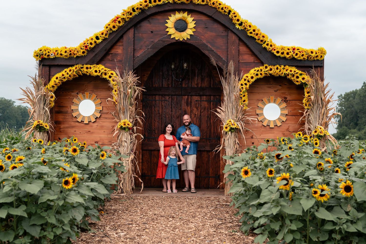 Family posing at a sunflower-decorated barn entrance surrounded by blooming sunflowers at a fall festival.
