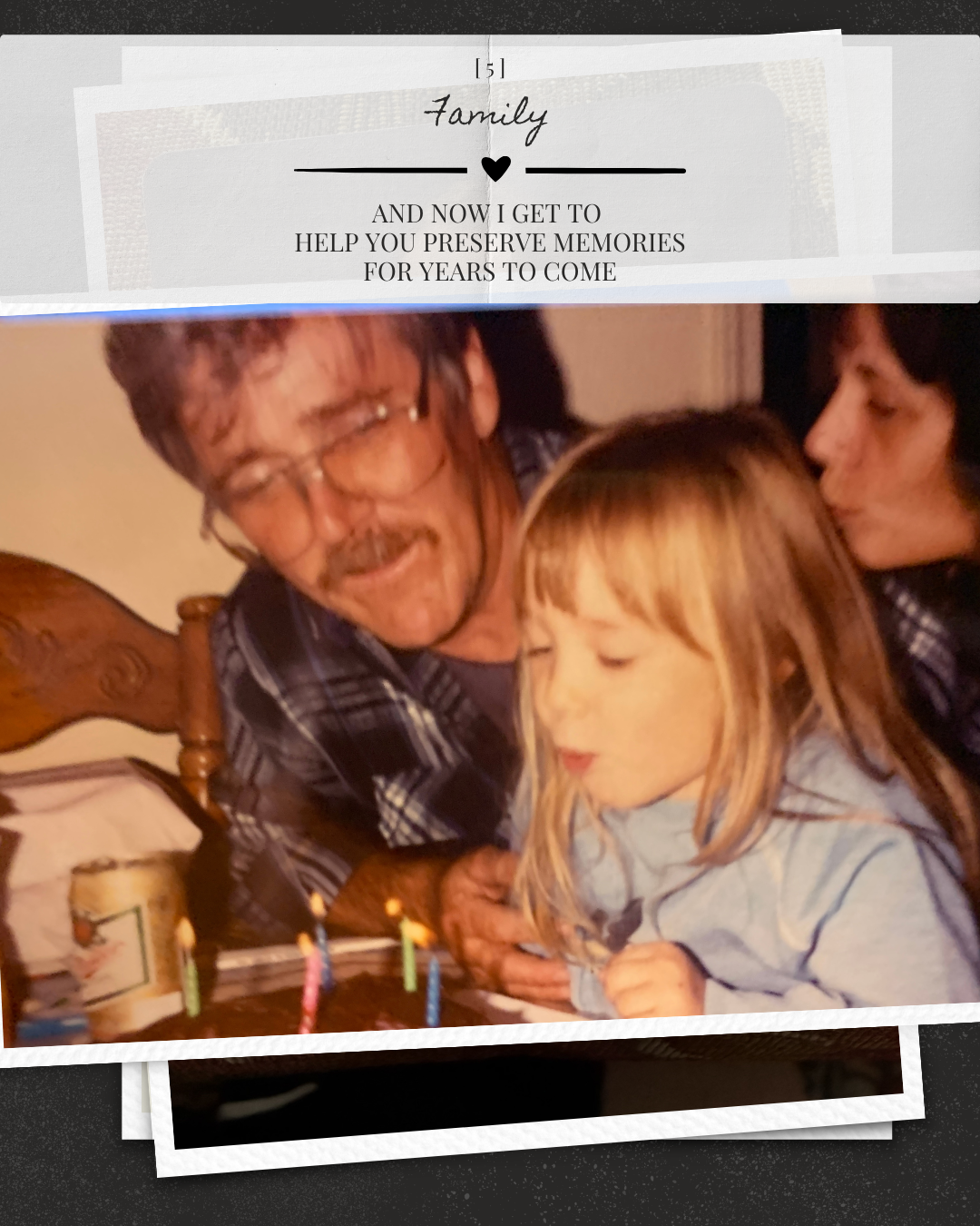 A young girl blows out birthday candles while an older man with glasses and mustache watches warmly in a vintage family photo.