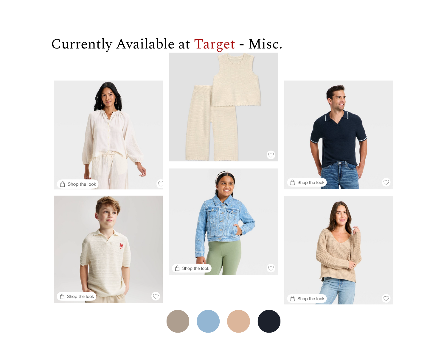 Six models showcase Target's casual collection featuring neutral tones, polo shirts, knit sweaters, linen sets, and a denim jacket.