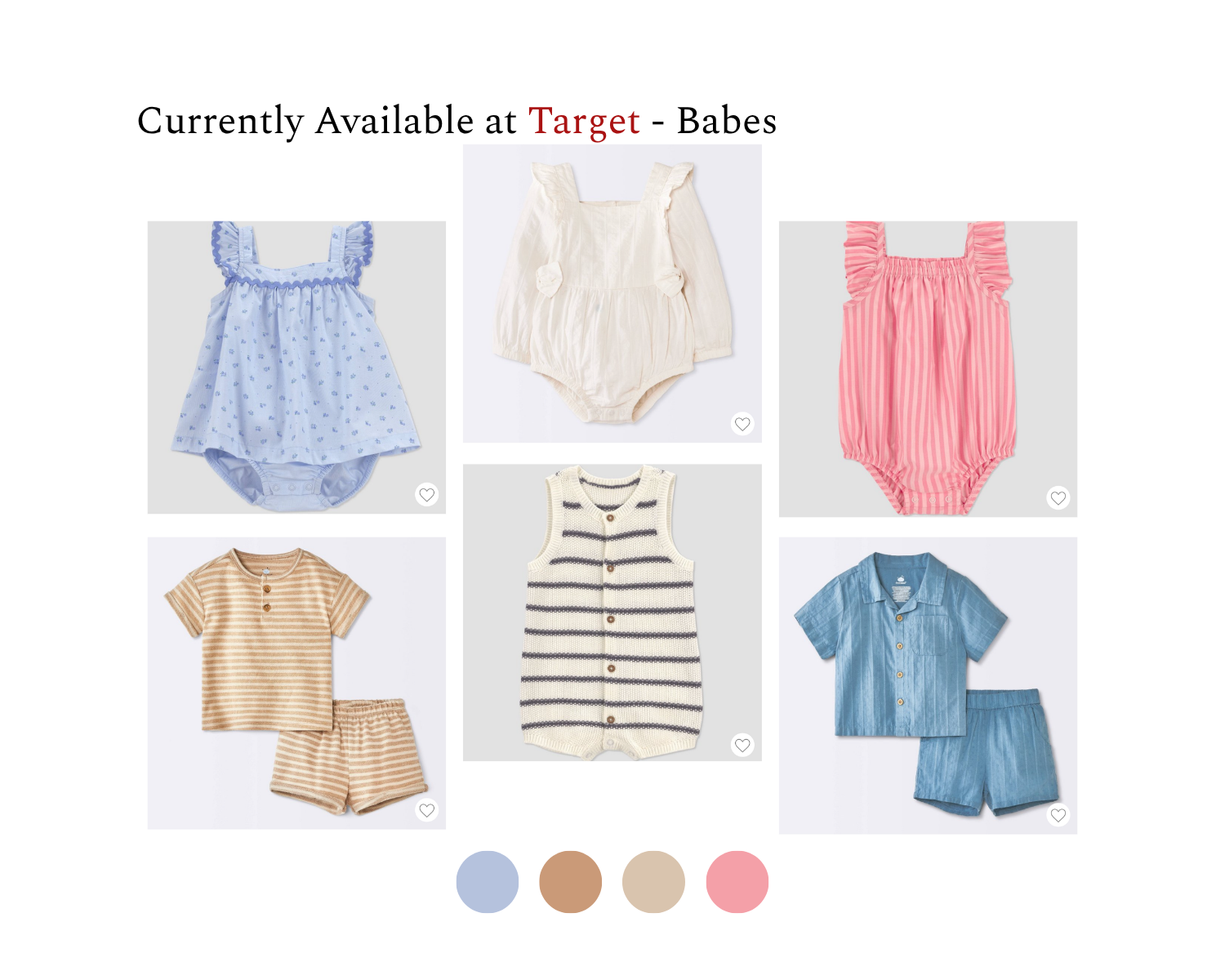 Six pastel baby outfits at Target Babes, featuring blue floral, cream romper, pink stripe, tan sets, striped vest, and denim duo.