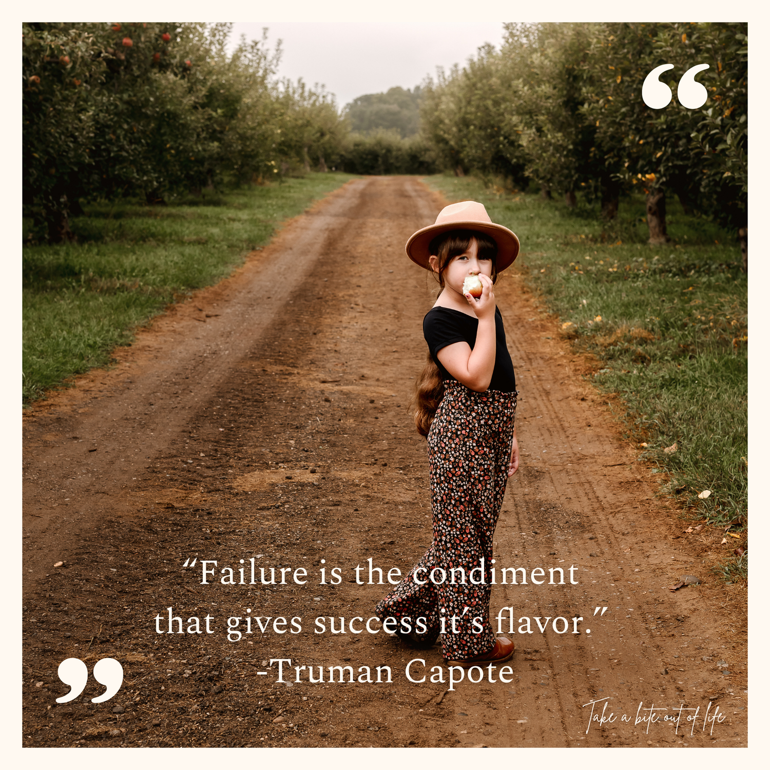 A series of artistic photos showing a dirt path through green fields with an inspirational quote overlay.
