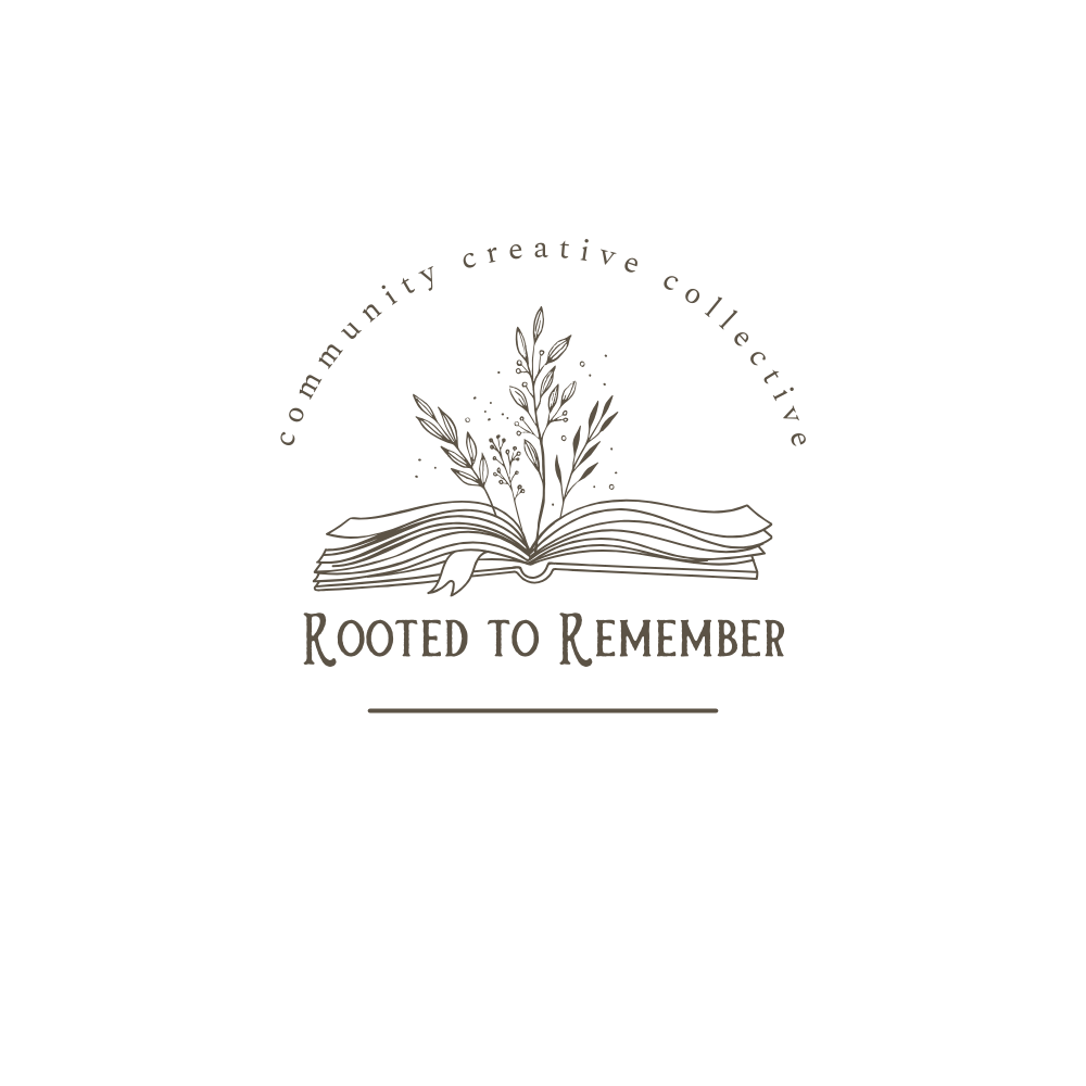 Rooted to Remember community creative collective logo with open book and botanical illustration in minimalist line art style.