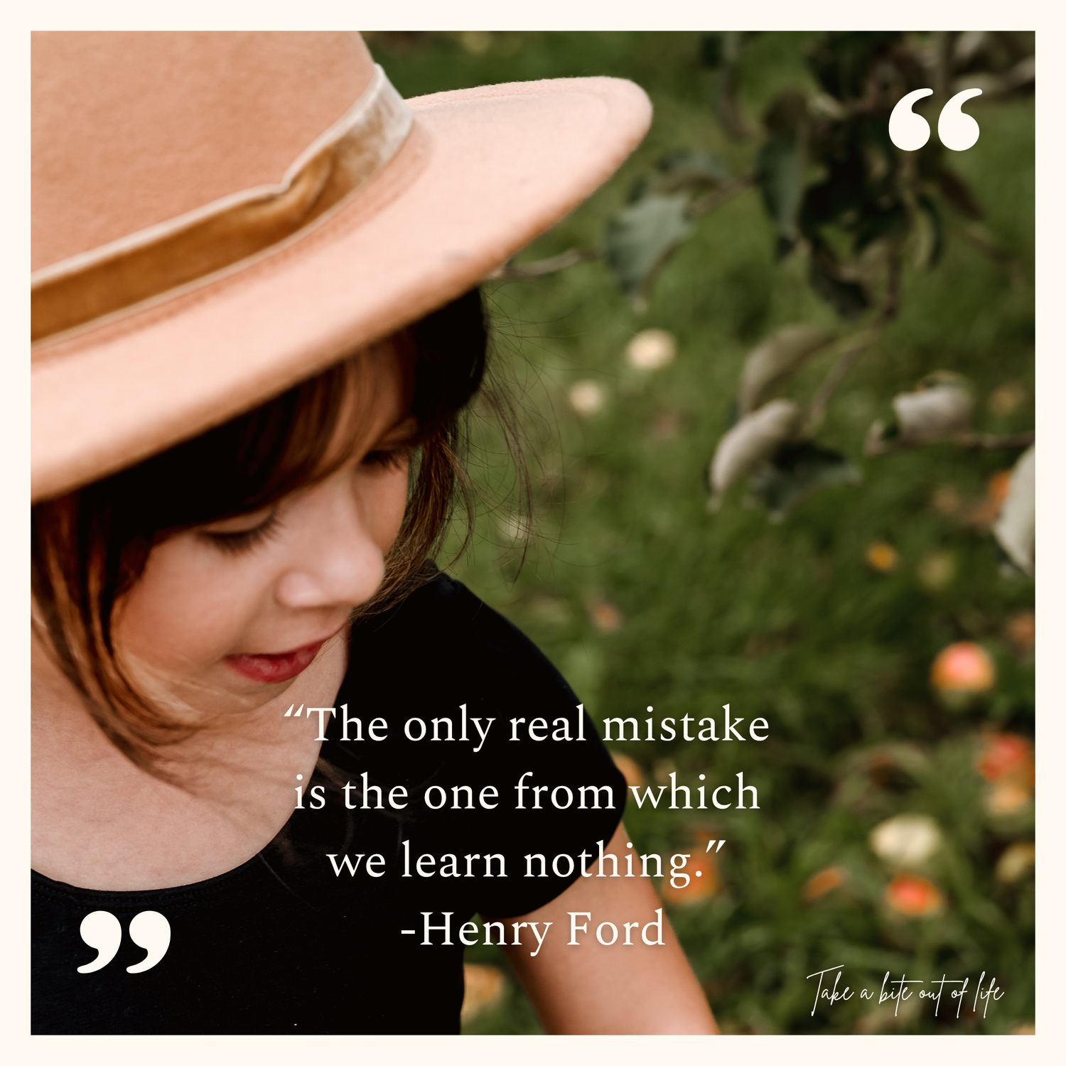Inspirational Henry Ford quote about mistakes overlaid on soft-focus image with a pink hat and natural background.