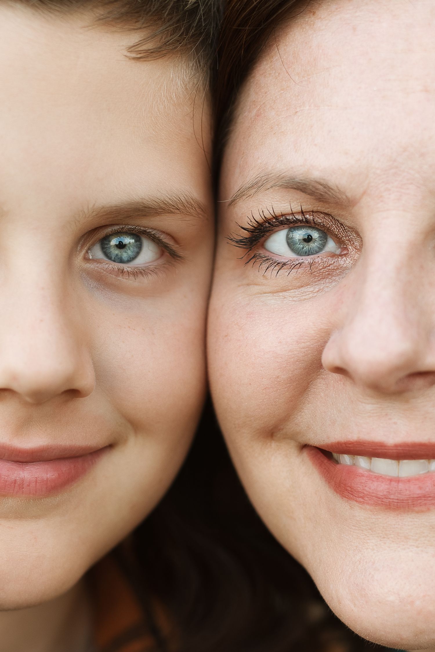 Close-up portrait series showing bright blue eyes and warm smiles against a light background.