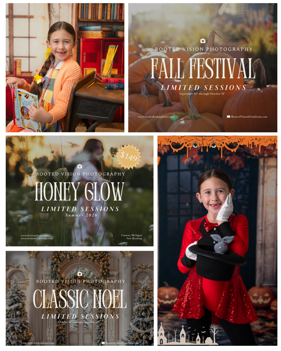Collage of Rooted Vision Photography sessions featuring a girl with books, fall festival, honey glow, classic noel, and Halloween themes.