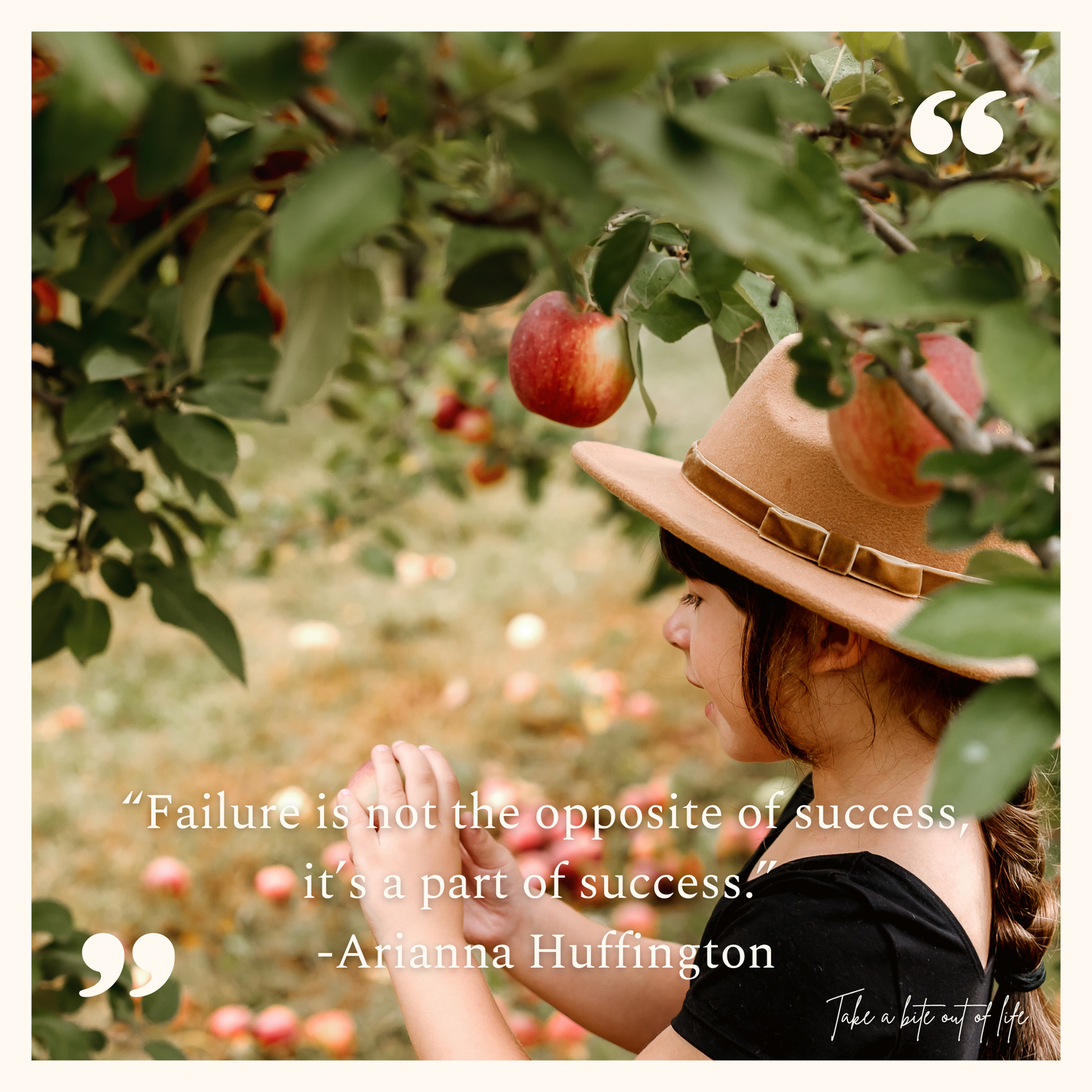 A brown hat-wearing figure stands among apple trees with a quote about failure and success by Arianna Huffington.