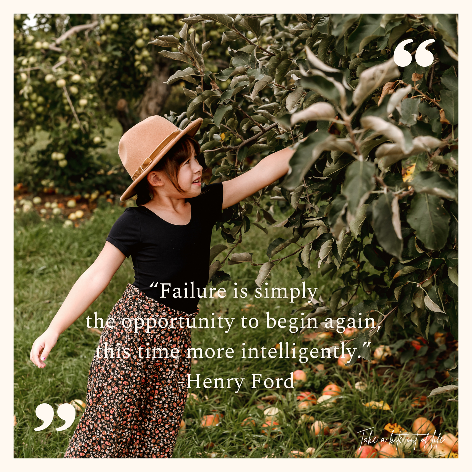 A series of photos showing someone picking apples in an orchard, combined with an inspirational Henry Ford quote.