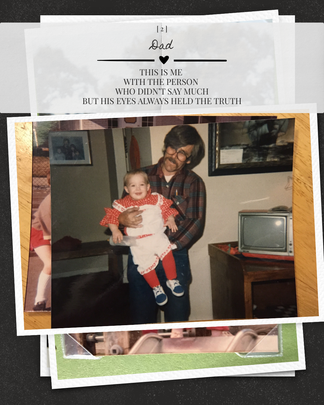 Vintage photo of a man holding a smiling toddler girl, with a heartfelt tribute to Dad overlay text.