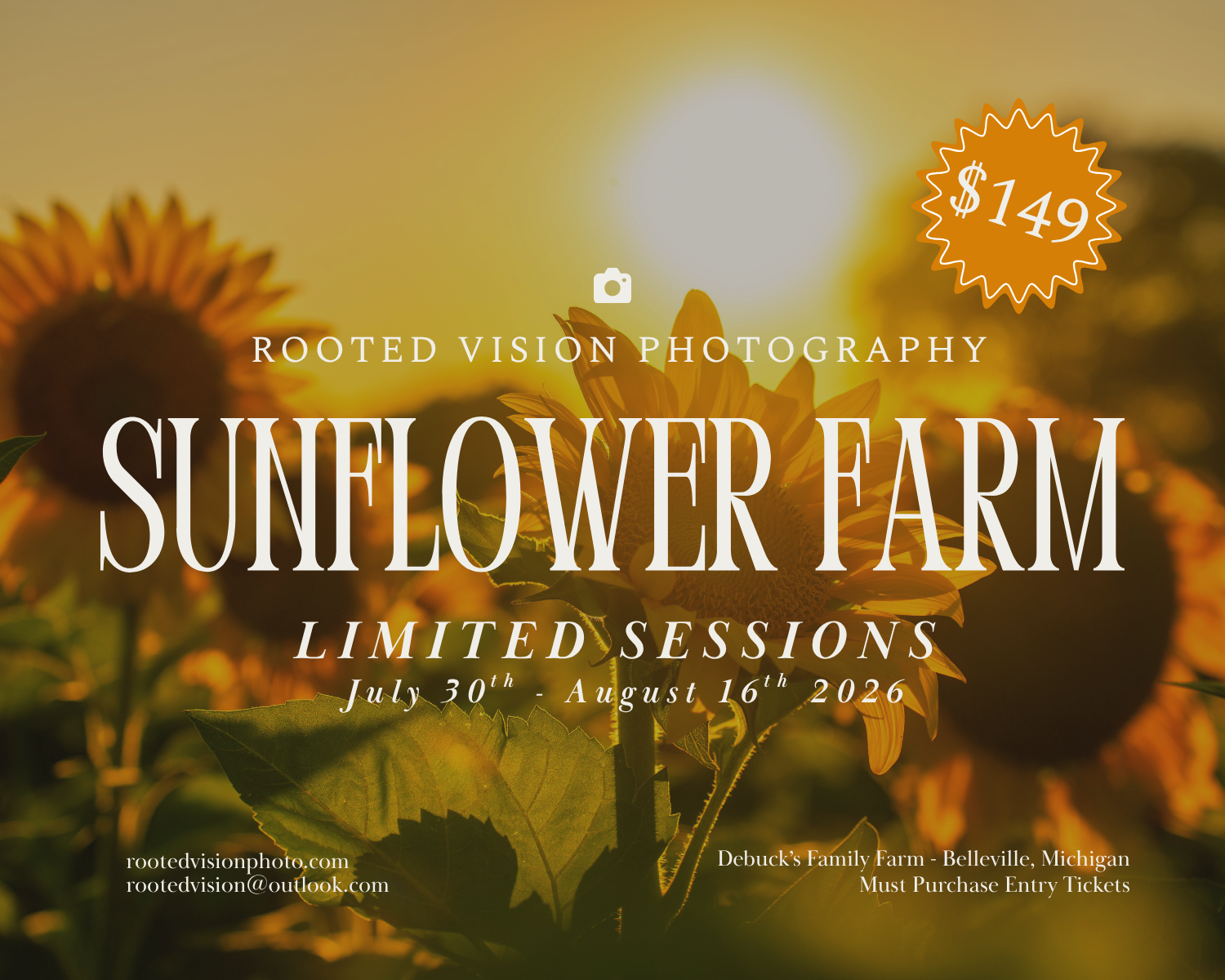 Sunflower Farm limited photography sessions by Rooted Vision Photography, July 30-August 16 2026, $149, Belleville Michigan.