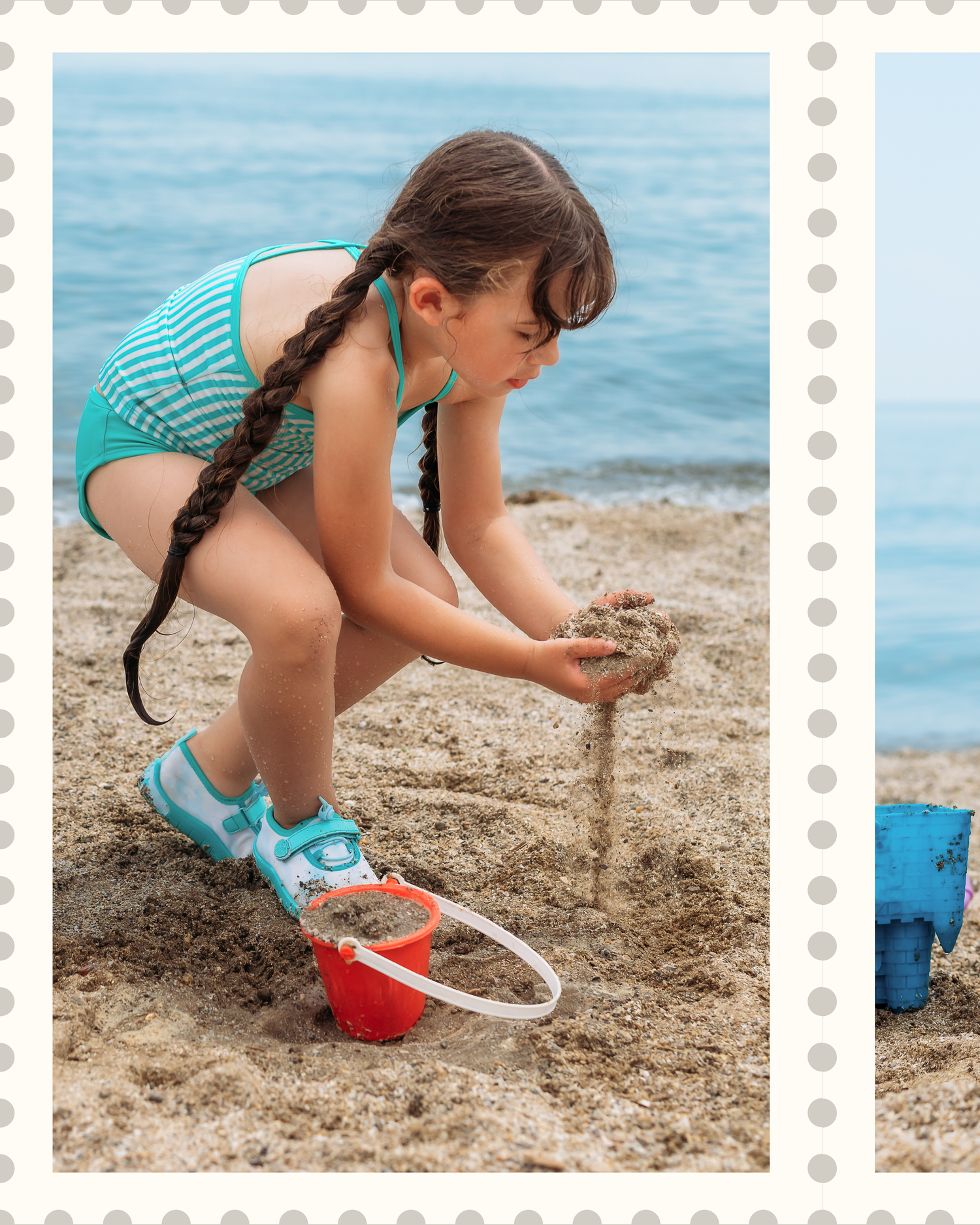 A young beachgoer in a turquoise swimsuit kneels on the sand with beach toys, playing near the ocean's edge.