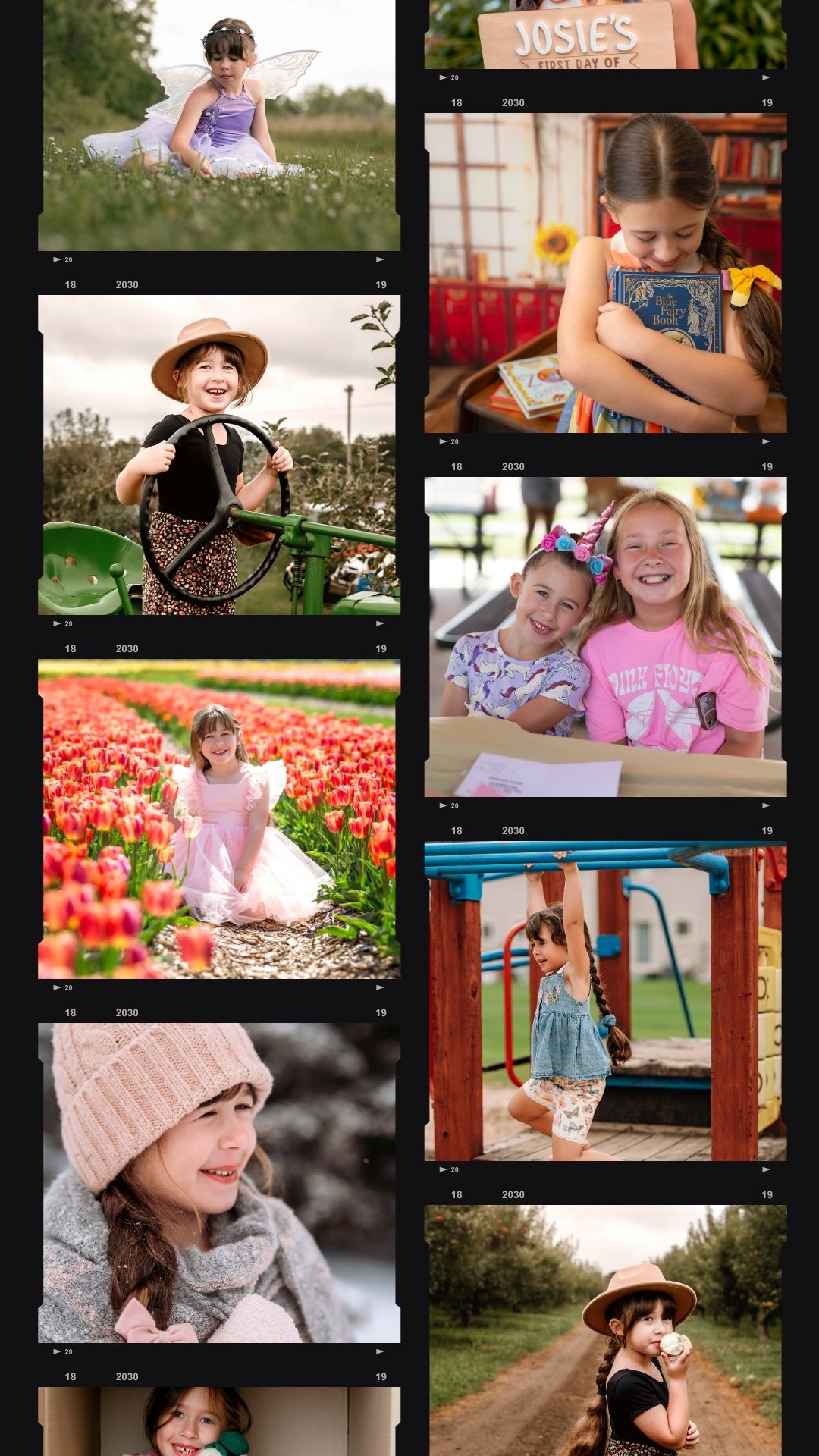 A film strip collage of a young girl in various outdoor settings including tulip fields, playgrounds, and rustic farms.