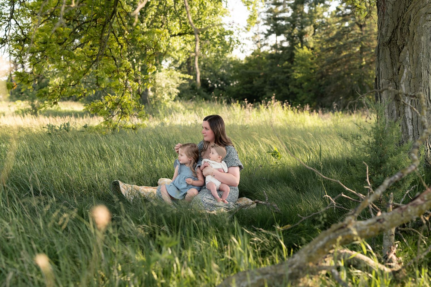 Mother sitting on a blanket in a sunny green meadow with two young children under a large tree.