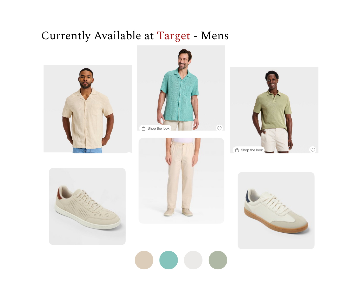 Mens casual collection at Target featuring beige button-up shirt, teal camp shirt, green polo, khaki pants, and white sneakers.