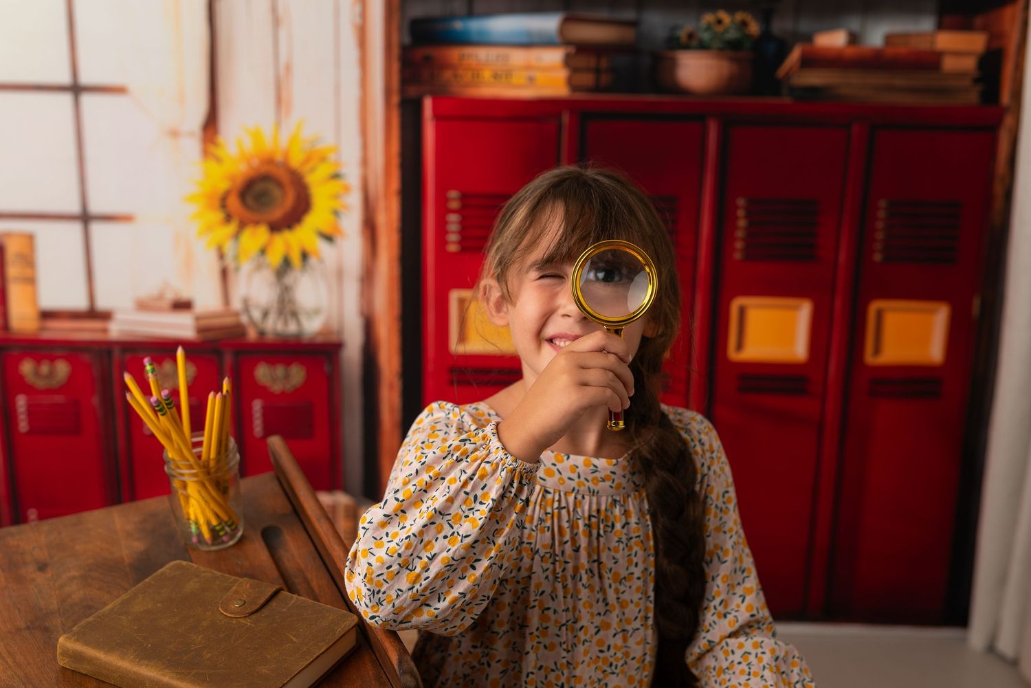 Young girl holding magnifying glass to her eye, smiling at school desk with red lockers and sunflower in background.