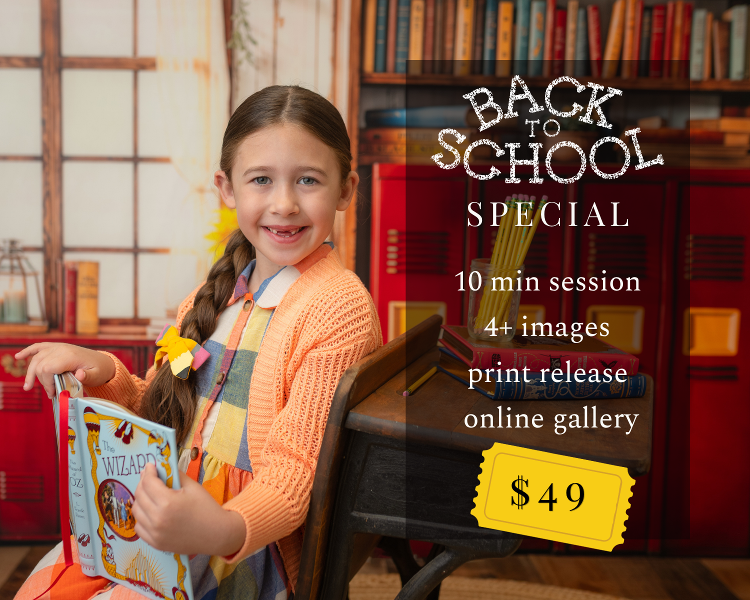 A smiling girl poses with a book for a Back to School Special photography session priced at $49, including prints and gallery.