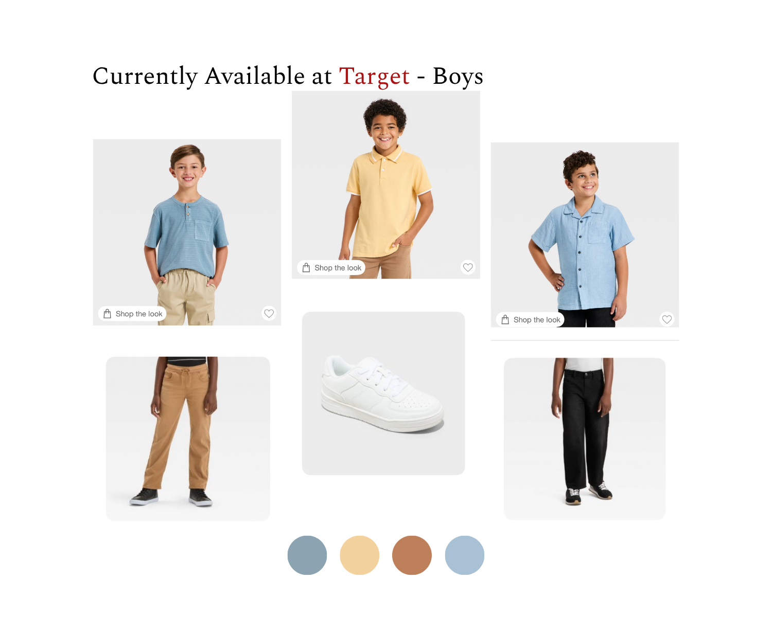 Boys back-to-school outfits at Target featuring blue shirt, yellow polo, chambray top, khaki pants, black pants, and white sneakers.