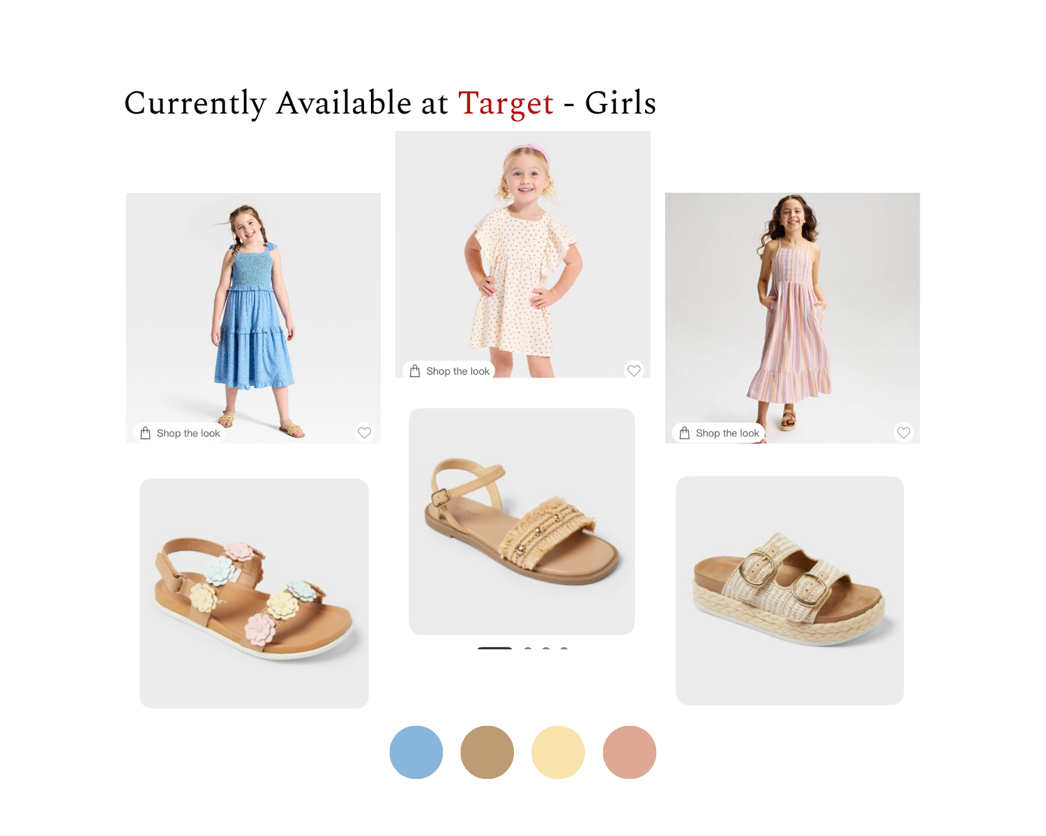 Girls Target clothing and sandals collection featuring blue dress, pink outfit, maxi dress, and neutral strap sandals.