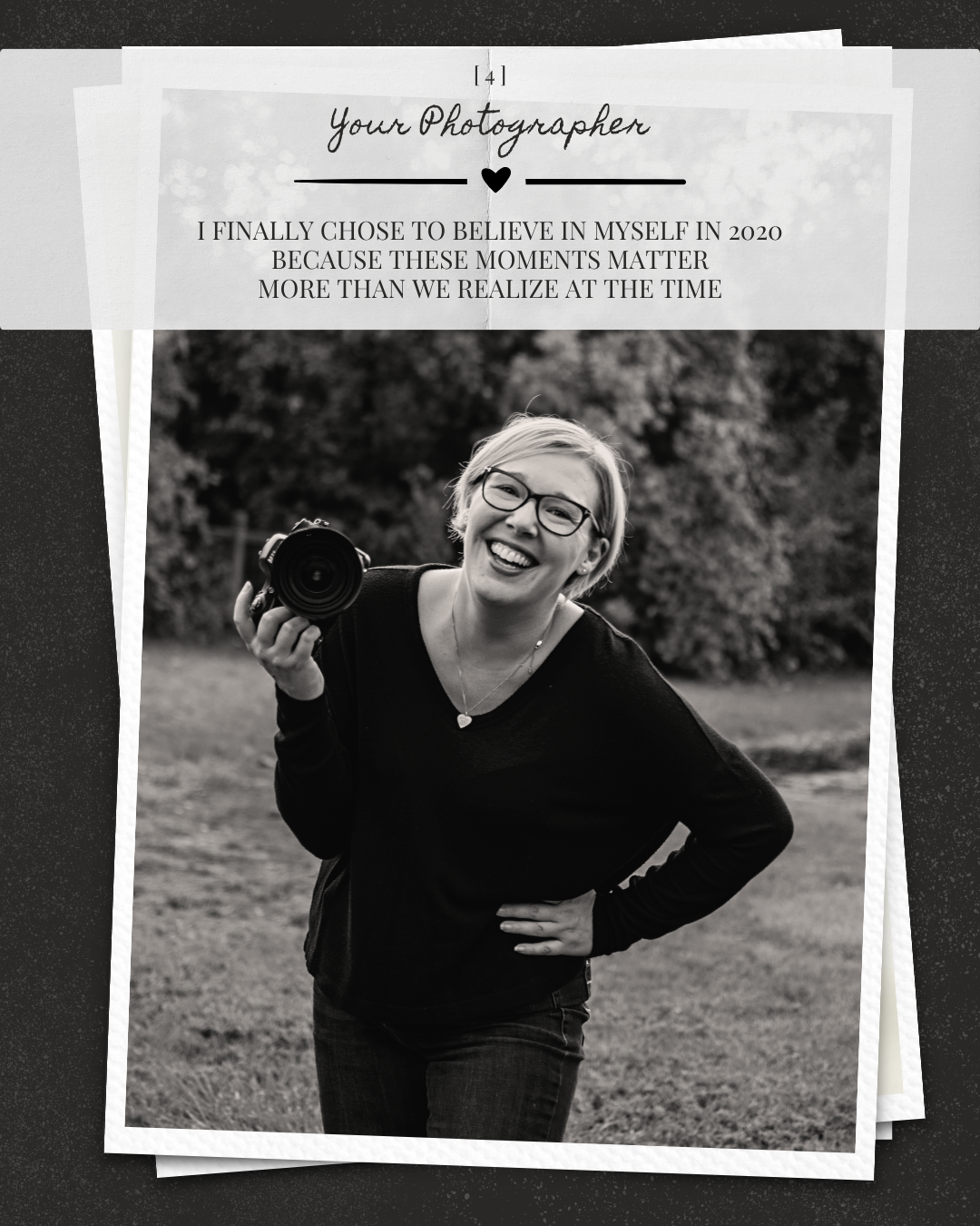 Black and white photo of a smiling female photographer holding a camera, featured on a Your Photographer promotional card.