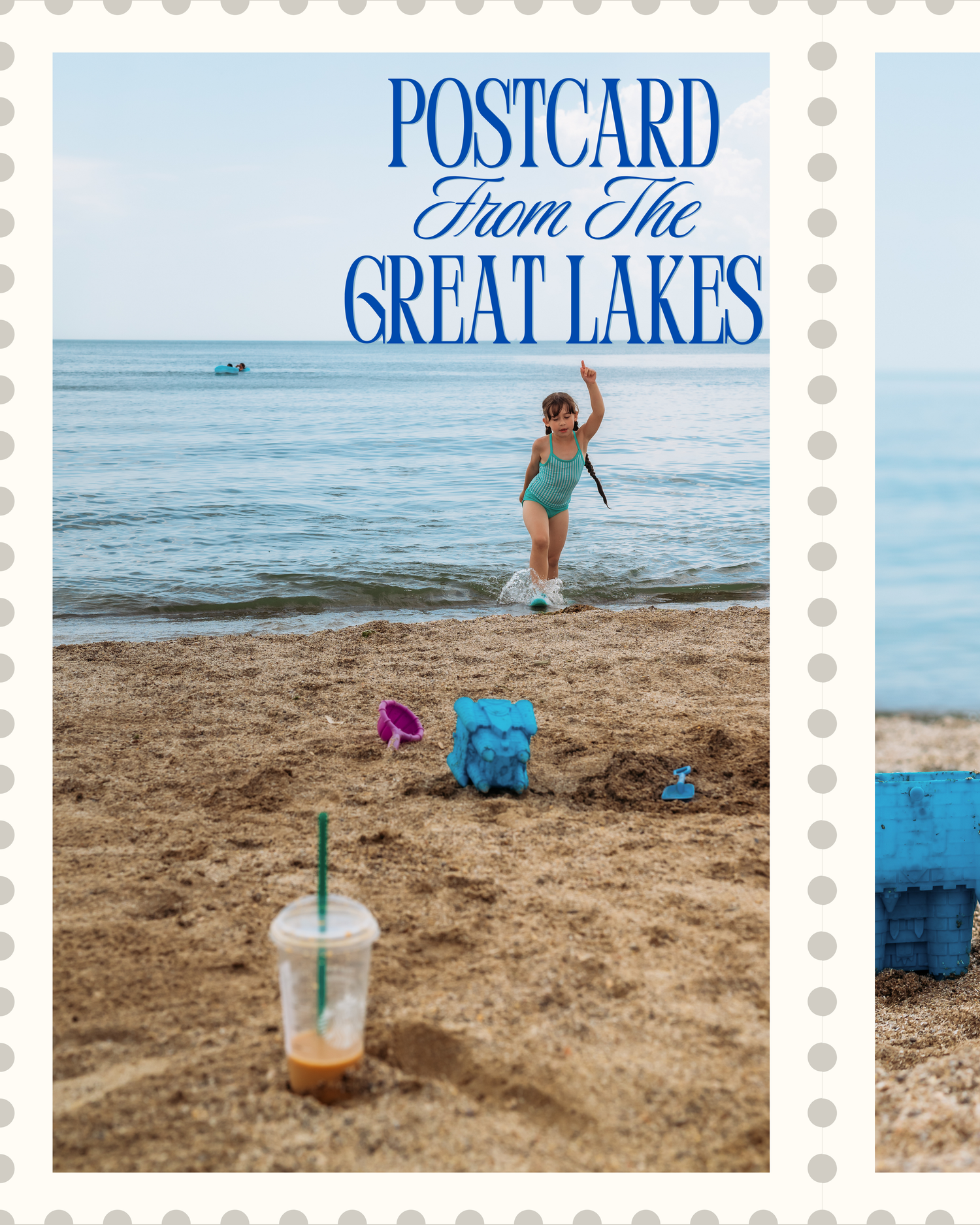 Children enjoy a sunny summer day playing and splashing along the sandy beach of the Great Lakes shoreline.