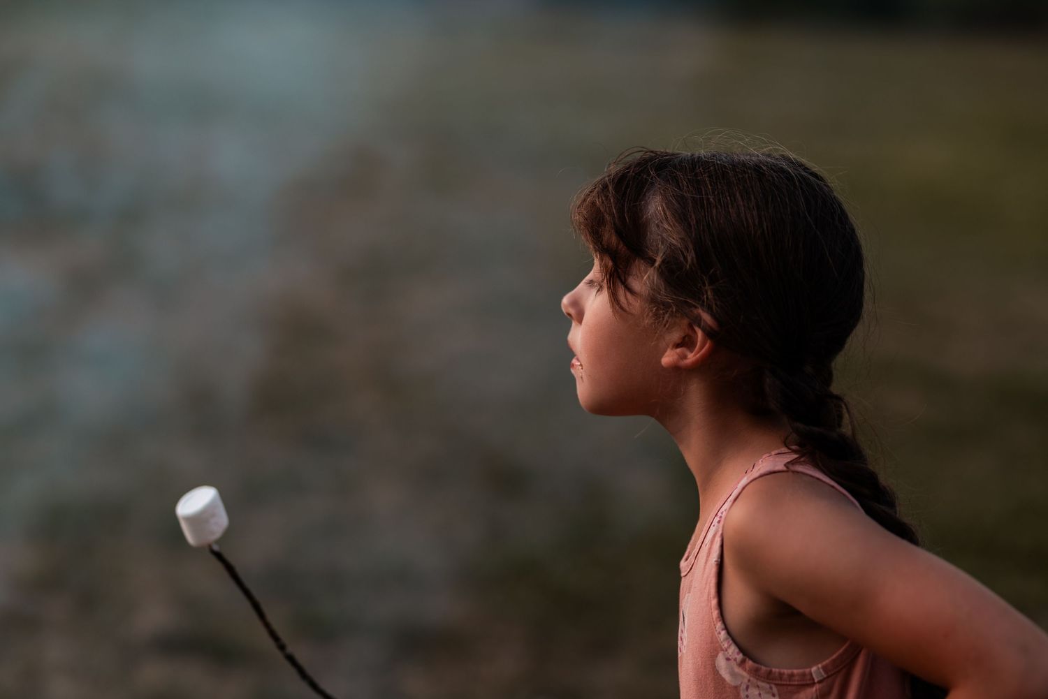 A young girl holds a marshmallow on a stick over a campfire at dusk, her profile illuminated by soft light.